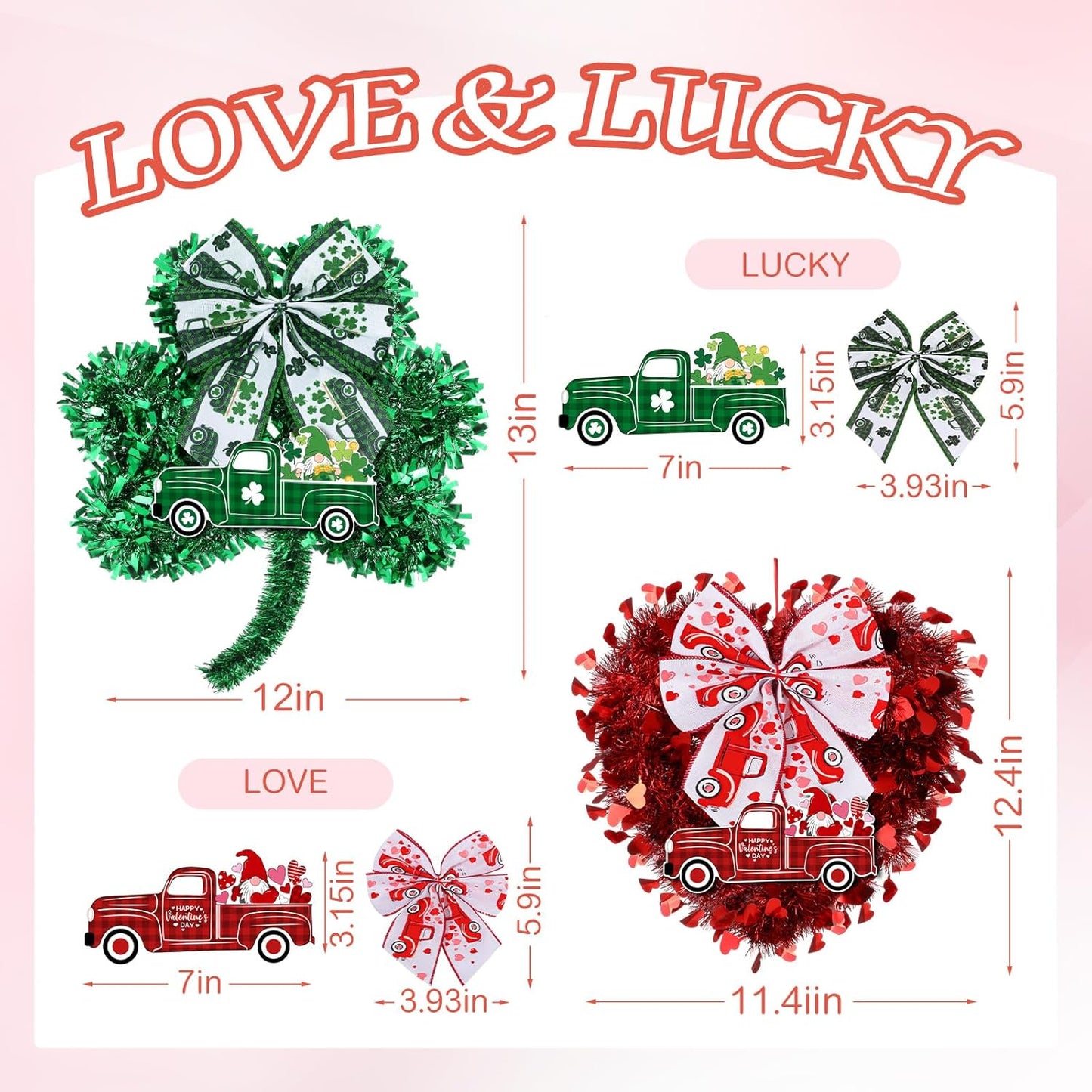 2 Pcs Valentine'S Day Heart Wreaths Decorations St. Patrick'S Lucky Shamrocks Door Wreath Heart Shaped Irish Clover Decor with Wooden Truck and Bow for Valentines Irish Front Door Wall Decor
