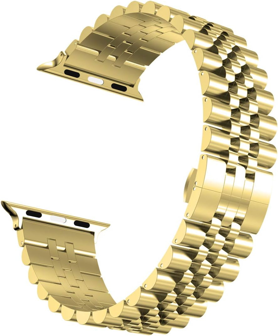 Compatible with Apple Watch Band 41Mm 40Mm 38Mm, Stainless Steel Heavy Band with Butterfly Folding Clasp Link Bracelet for Iwatch Series 9/8/7/6/Seseries 5/4/3 Women,Gold