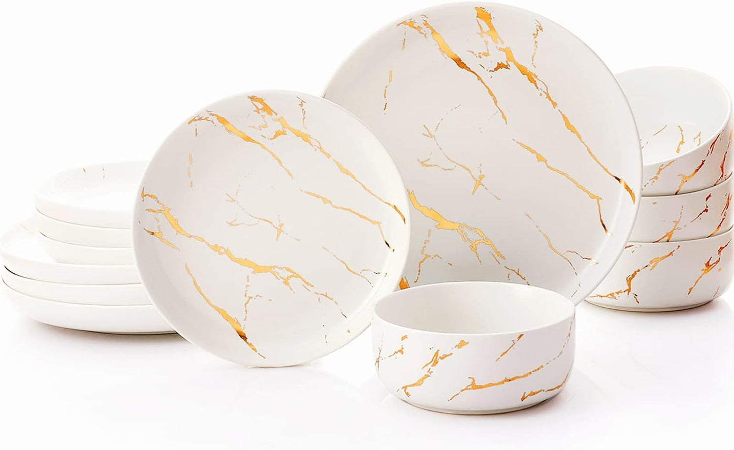 Gold Splash Dinnerware Sets, 12 Pieces Plates and Bowls Sets, Modern Marble Porcelain, Dishes Set for 4, White