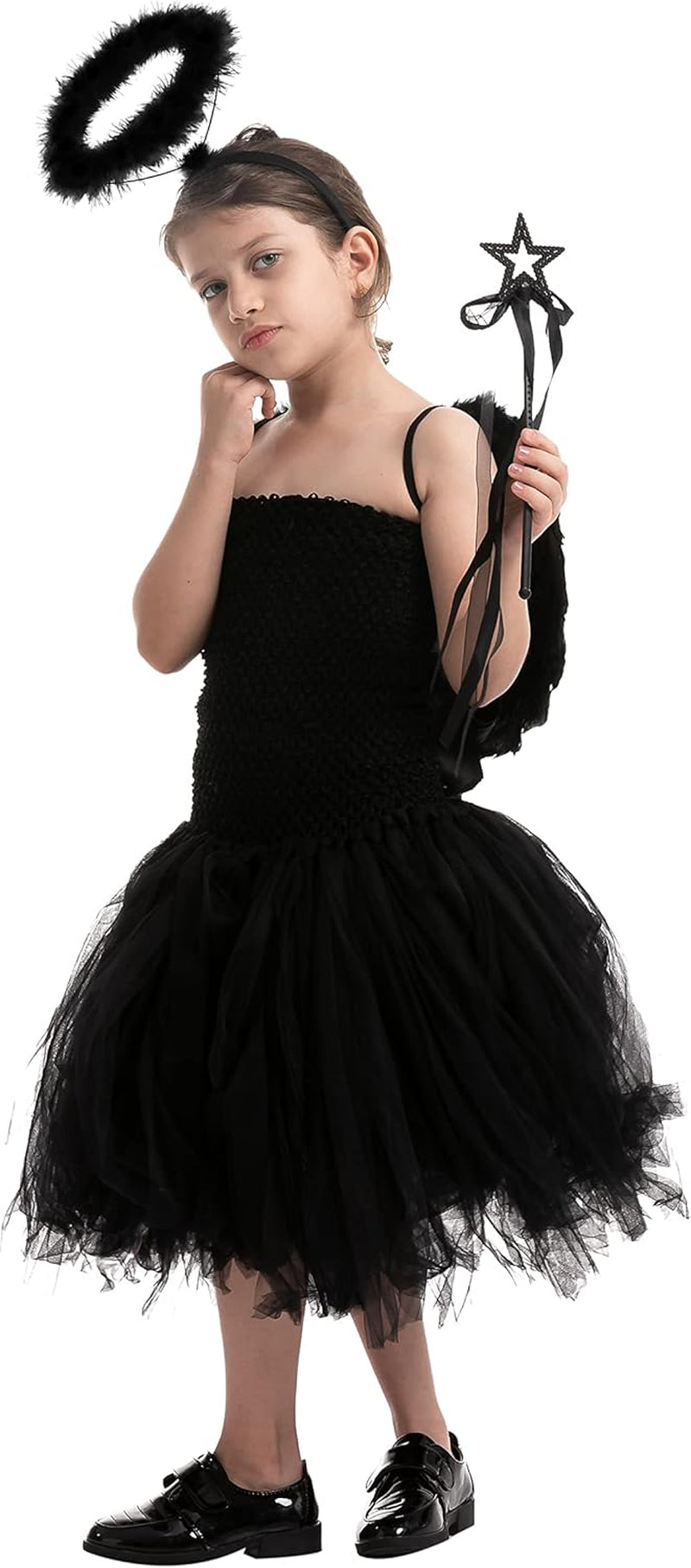 Black White Angel Wings Halo Headband with Wand for Kids Feather Fairy Wings Halloween Party Costume