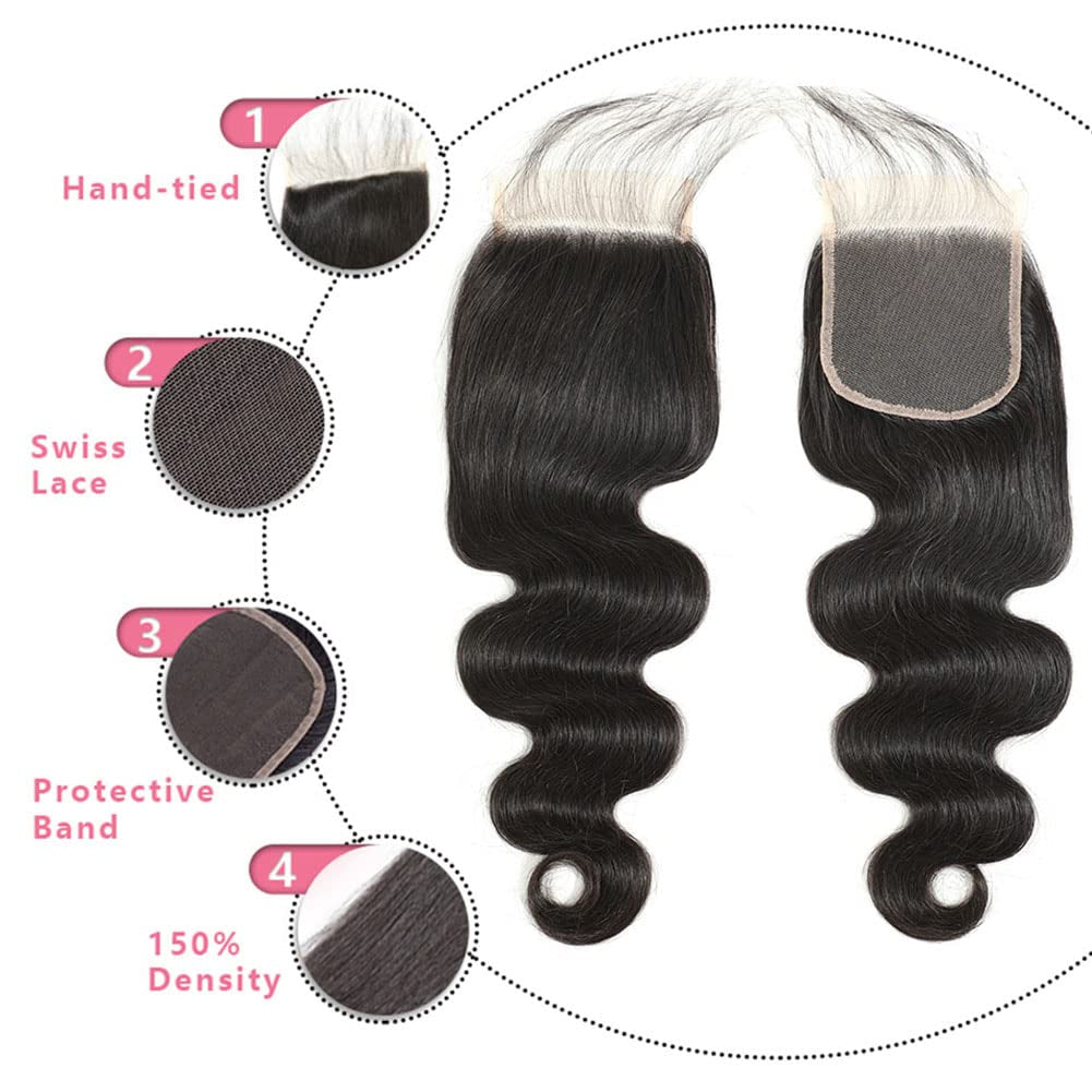 10A Body Wave Bundles with Closure 16 18 20+14 Inch Human Hair Bundles with Closure 100% Brazilian Virgin Body Wave 3 Bundles and Closure Human Hair Weave Bundles with Closure 4X4 HD Lace Free Part