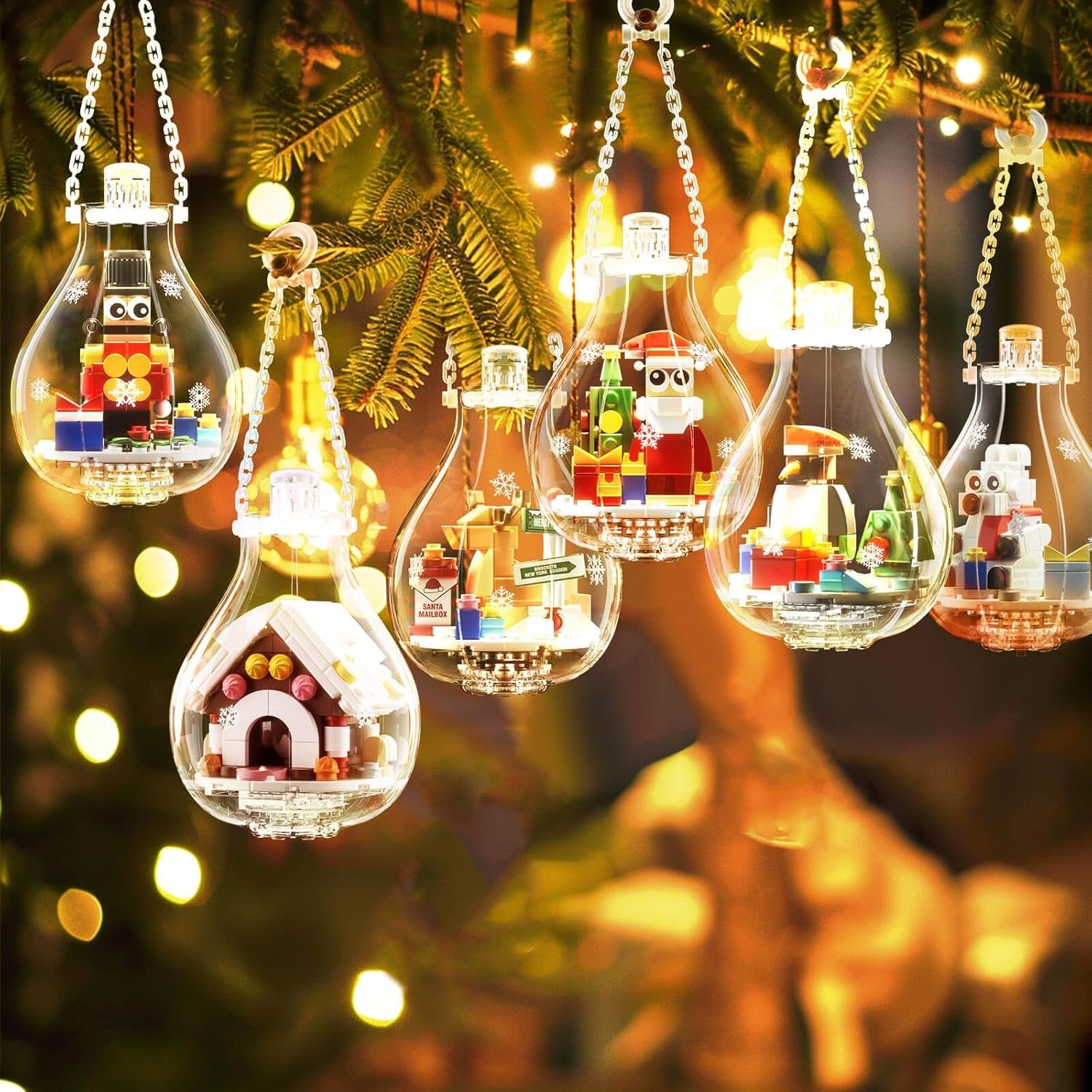 Christmas Ornaments 2024 Building Set, Ornament for Christmas Tree with Light, Xmas and Thanksgiving Holiday for Gifts, Gingerbread Houses, Santa, Reindeer, Polar Bears, Soldiers and Penguin (647 Pcs)