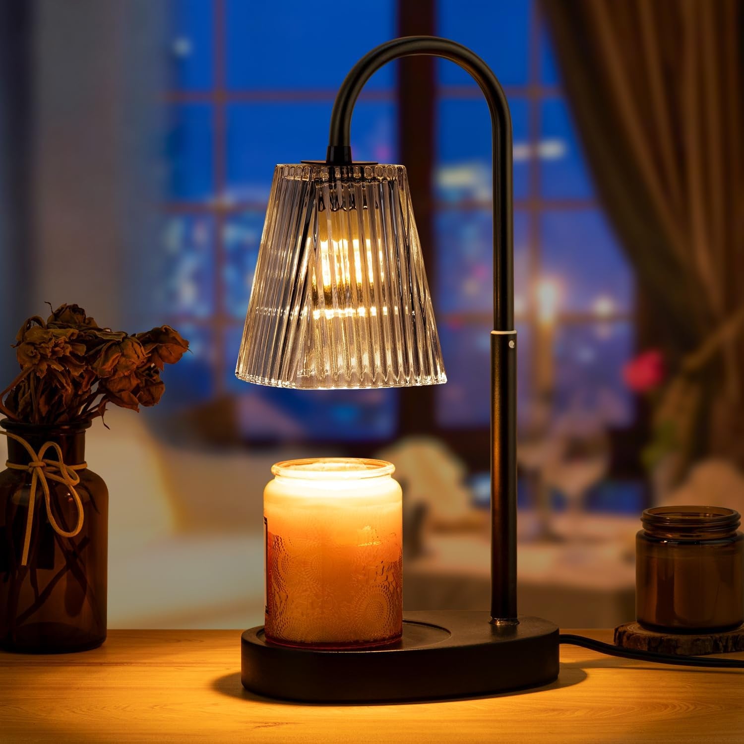 Candle Warmer Lamp with Timer: Electric Candles Wax Warmers Glass Lamps for Jar Candles Burner Adjustable Height and Dimmable Light Modern No Flame Scented Candle Warming Lantern, Amber