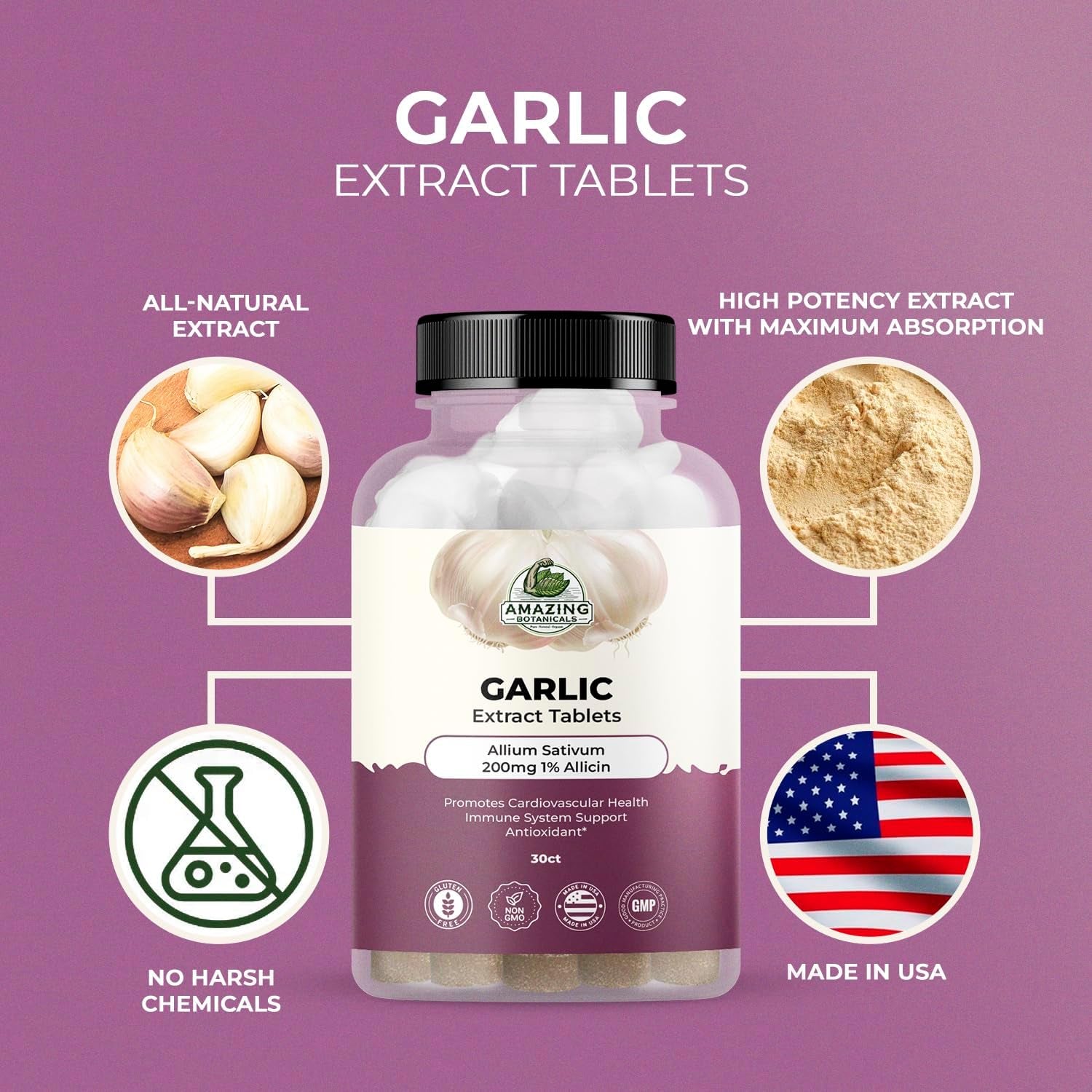 Garlic Extract Tablets - Allium Sativum 200Mg, 1% Allicin - High Potency Herbal Supplement for Wellness and Vitality - 30 Count TLBH