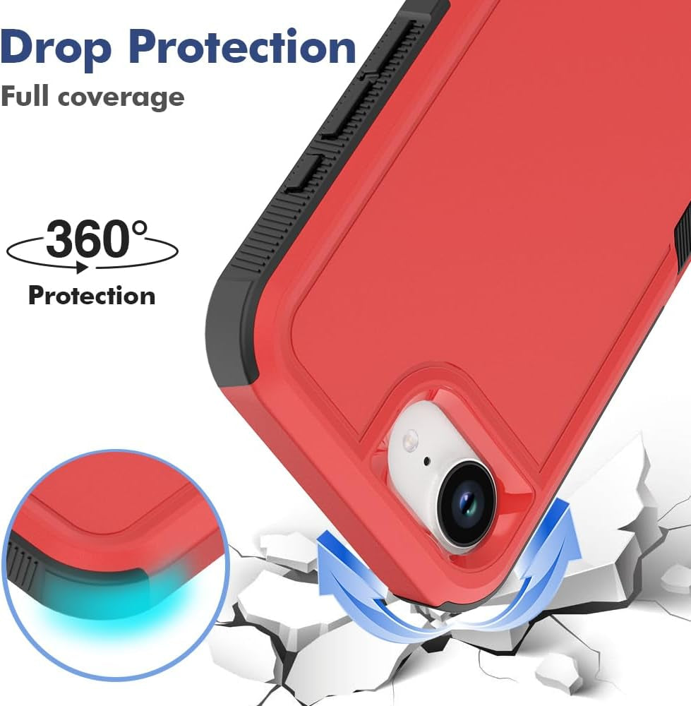 Iphone 16E Case: Dual Layer Protective Heavy Duty Cell Phone Cover Shockproof Rugged with HD Screen Protector - Military Protection Bumper Tough - Apple Iphone 16E / SE 2025 / SE4, Red