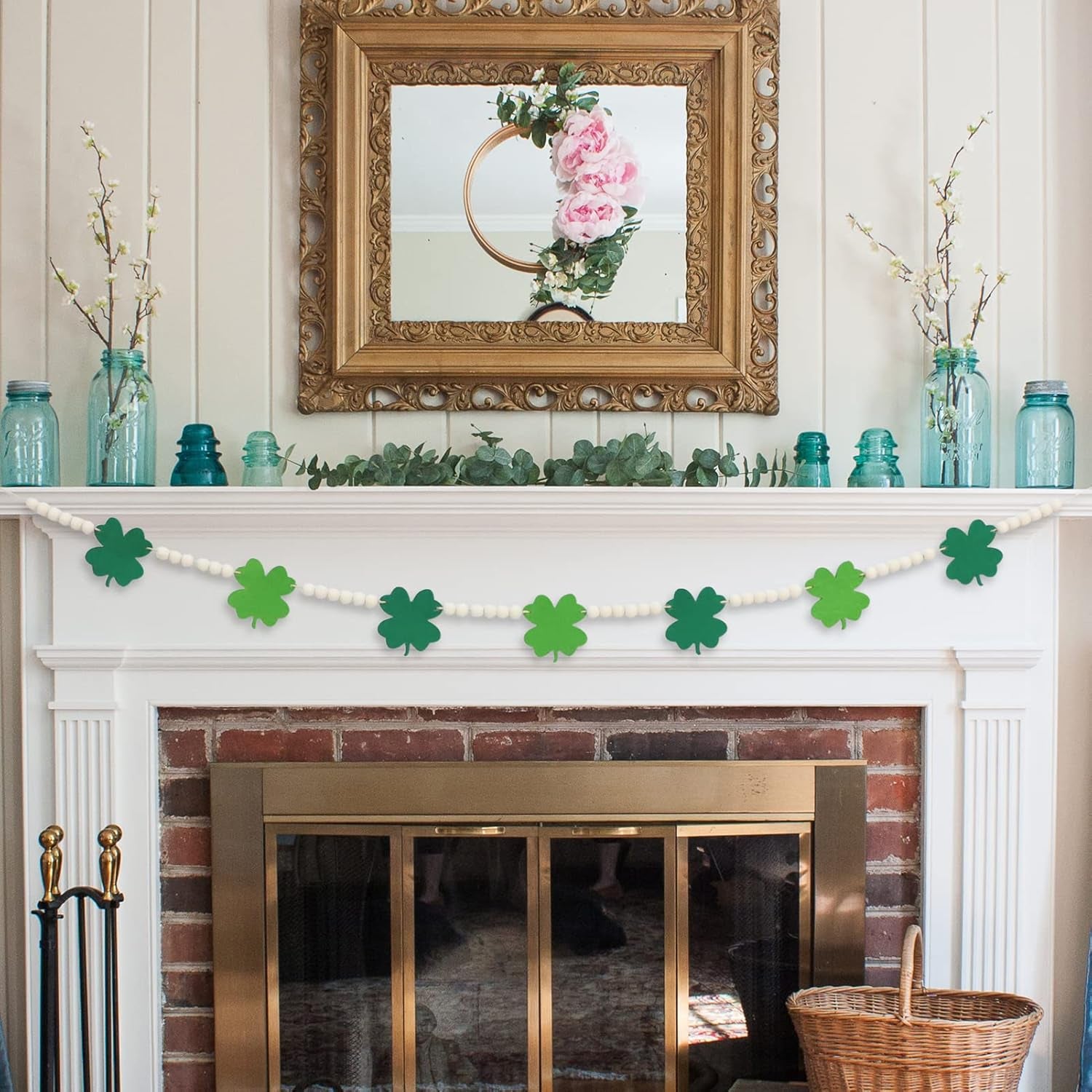 St. Patrick'S Day Decorations, Wood Bead Shamrock Garland for St. Patrick'S Day Decor, Lucky Felt Shamrock Garland for Mantel Wall Decor