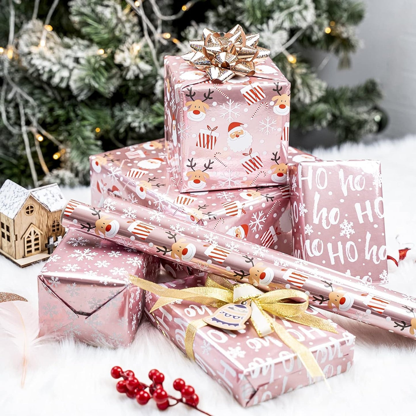 Christmas Wrapping Paper Mini Roll, Pink Metallic Foil Shine Paper - Snowflakes/Santa Claus/Ho Print for Gift Wrap, Arts Crafts - 17 X 120 Inches - 3 Rolls (42.5 Sq.Ft.Ttl.)
