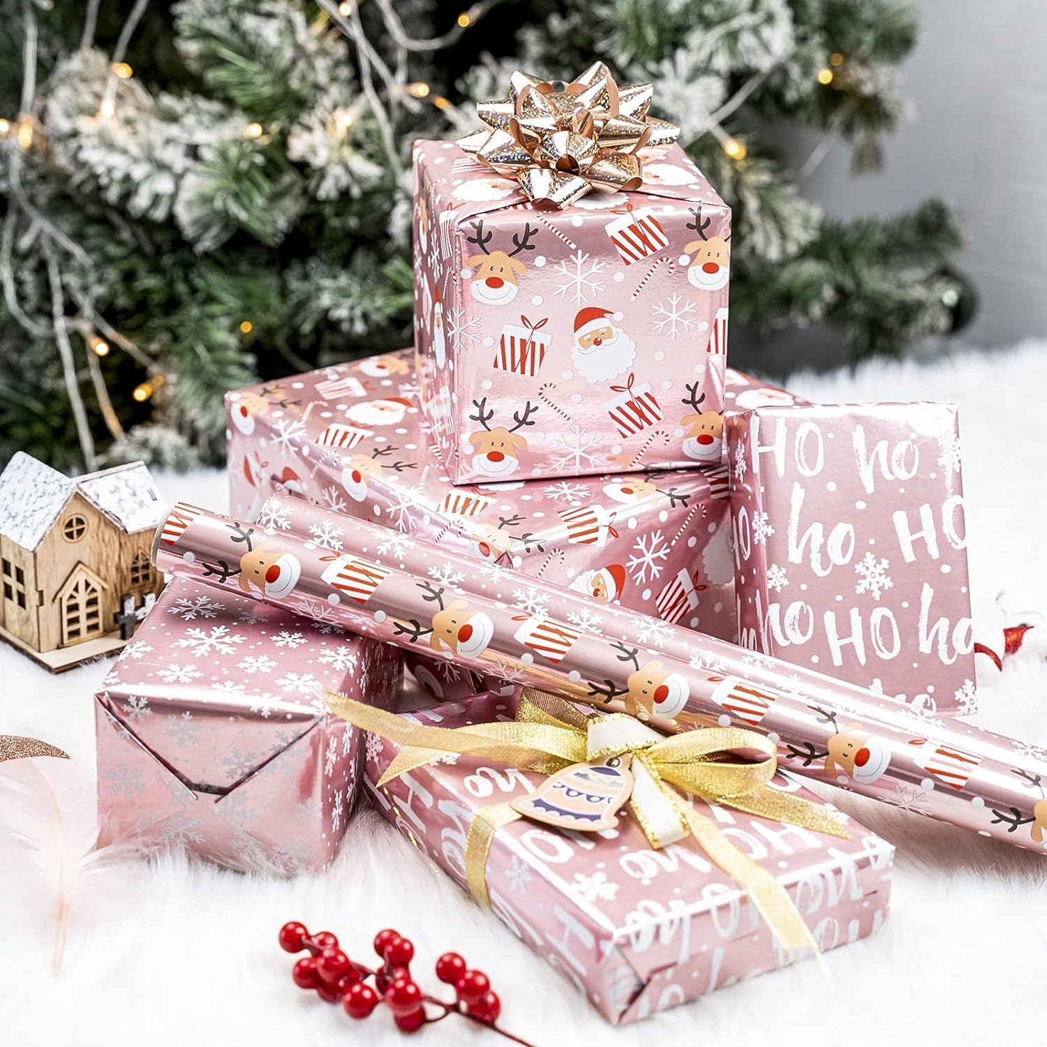 Christmas Wrapping Paper Mini Roll, Pink Metallic Foil Shine Paper - Snowflakes/Santa Claus/Ho Print for Gift Wrap, Arts Crafts - 17 X 120 Inches - 3 Rolls (42.5 Sq.Ft.Ttl.)
