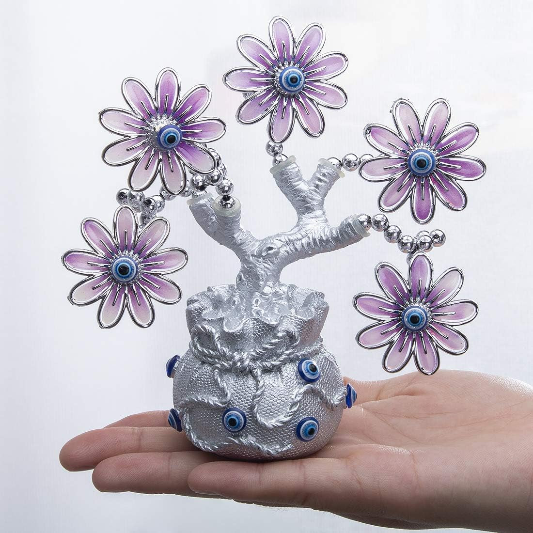 Turkish Blue Evil Eye Pink Flowers Money Fortune Tree with Lucky Bag Vase Protection Good Luck Gift