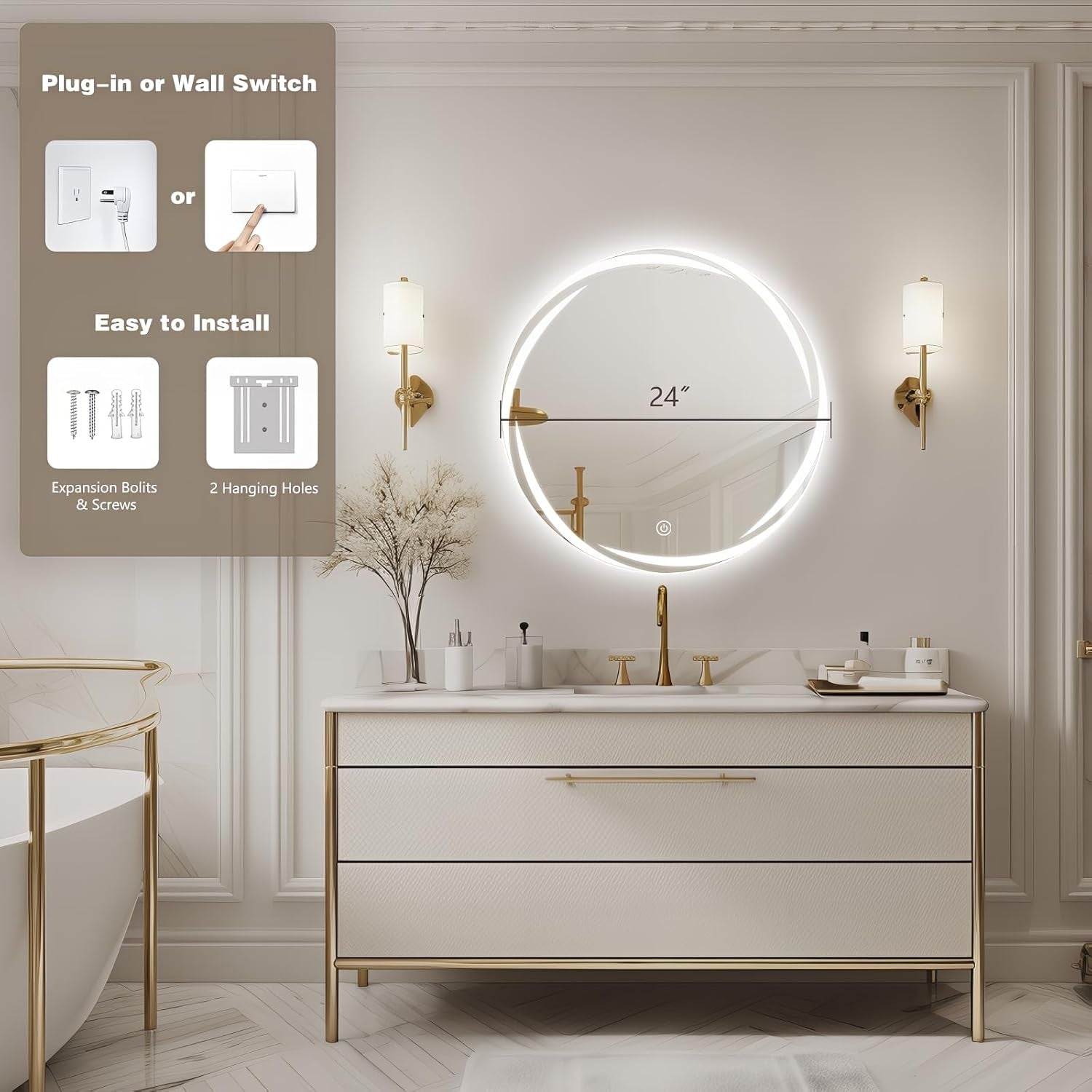24" round LED Mirror for Bathroom with Front Light and Backlit, Stepless Dimmable Vanity Mirror with Lights, Frameless anti Fog Smart Mirror Wall Mounted, IP65 Waterproof, Shatter-Proof