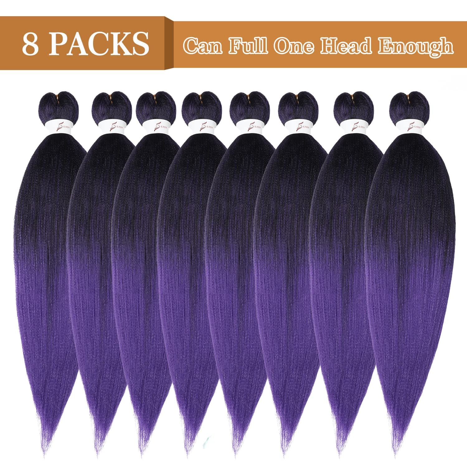 Pre Stretched Braiding Hair, 24 Inch Kanekalon Braiding Hair, 8 Packs Soft Yaki Texture,No Itch, Hot Water Setting Synthetic Hair Extensions for Braids (24In,1B/Purple)