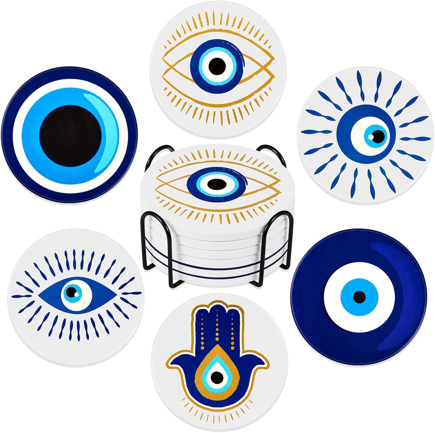 Set of 6 Ceramic Evil Eye Coasters with Coaster Holder Evil Eye Blue Coasters for Drinks round Absorbent Cup Mat with Cork Base for Home Table Decor Desk Kitchen Accessories, 4 Inch