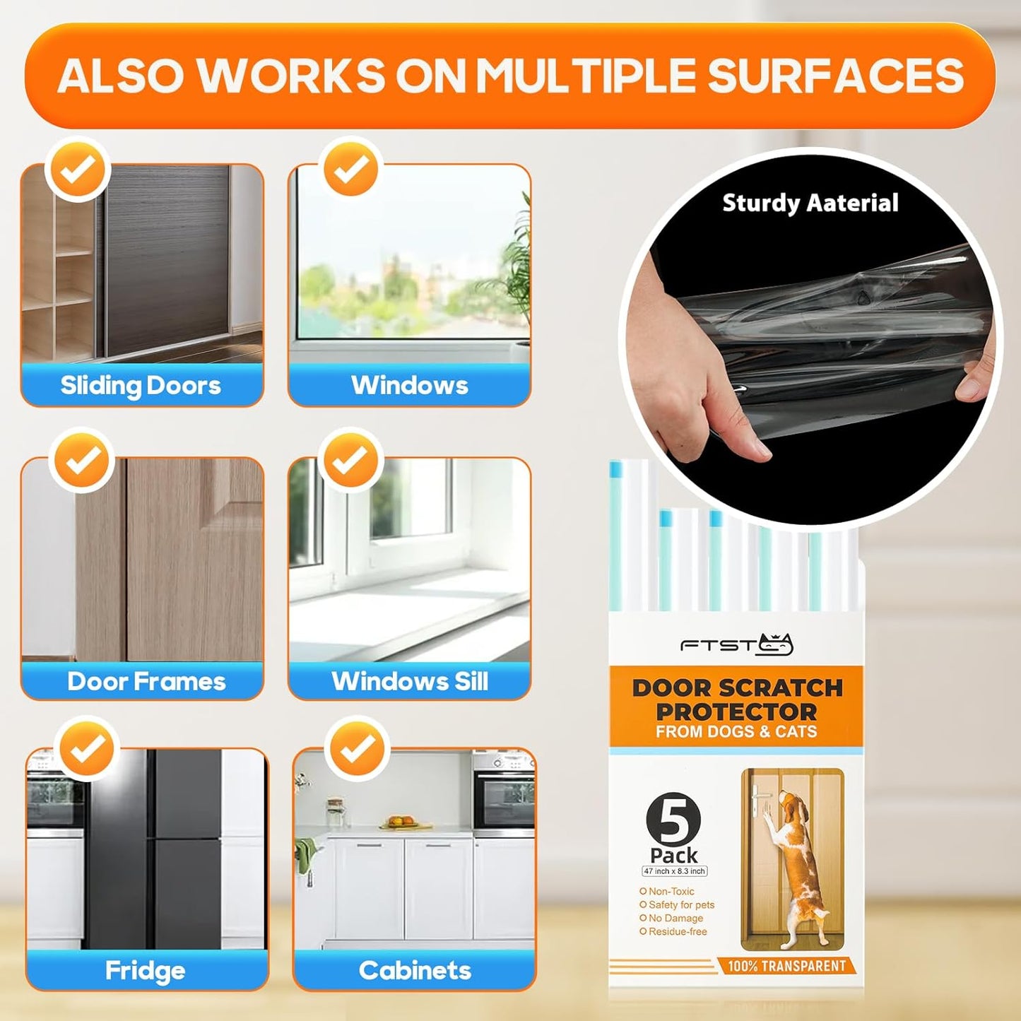 5-Pack Door Protector from Dog Scratching - 5 X 47'' X 8.3'' Cat Scratch Door Frame Protector anti Dog Scratch, Heavy Duty Protector for Window Sill - Door Guard Clear (N1)