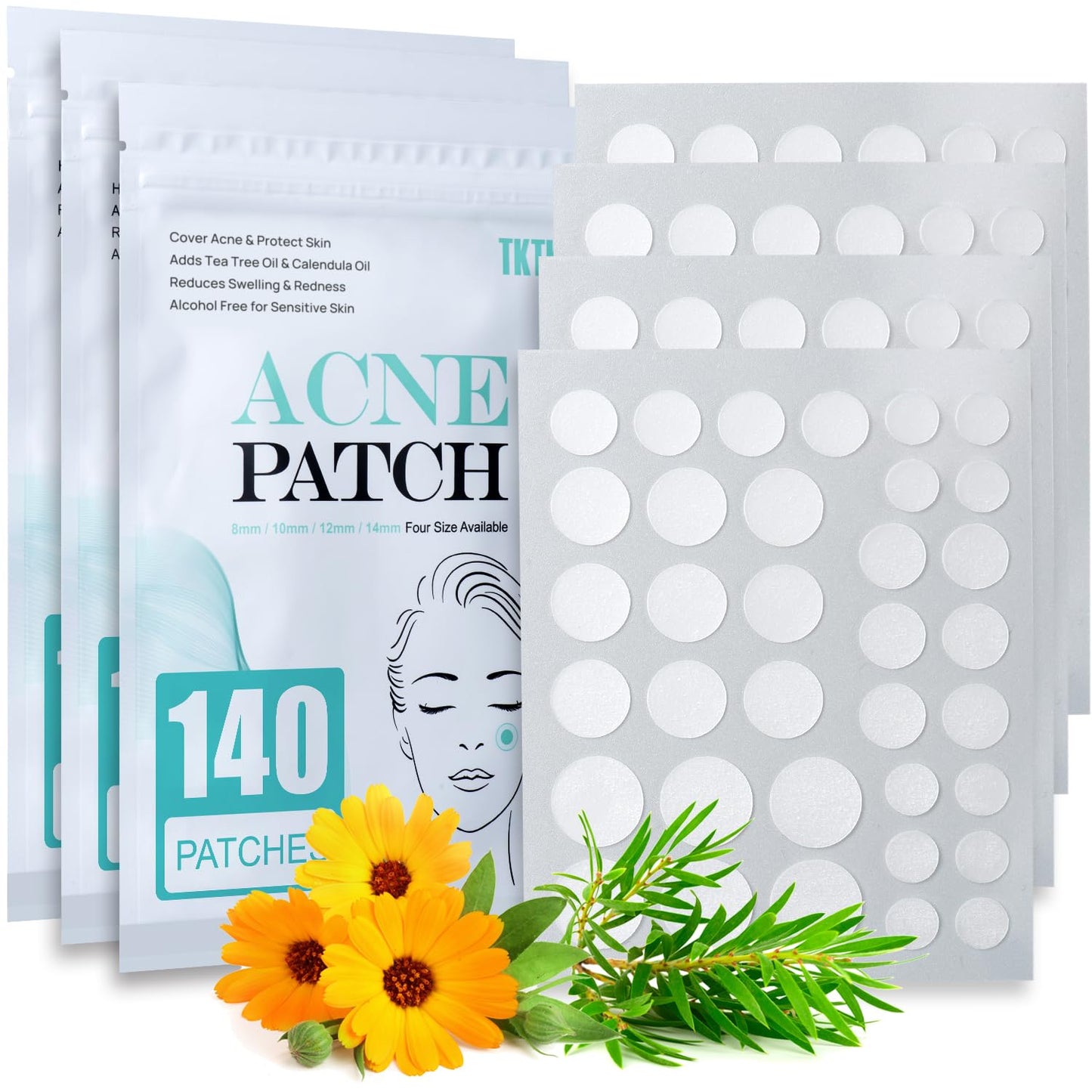 Acne Patch Pimple Patch, 4 Sizes 140 Patches Acne Absorbing Cover Patch, Hydrocolloid Invisible Acne Patches for Face Zit Patch Acne Dots Tea Tree, Calendula Oil
