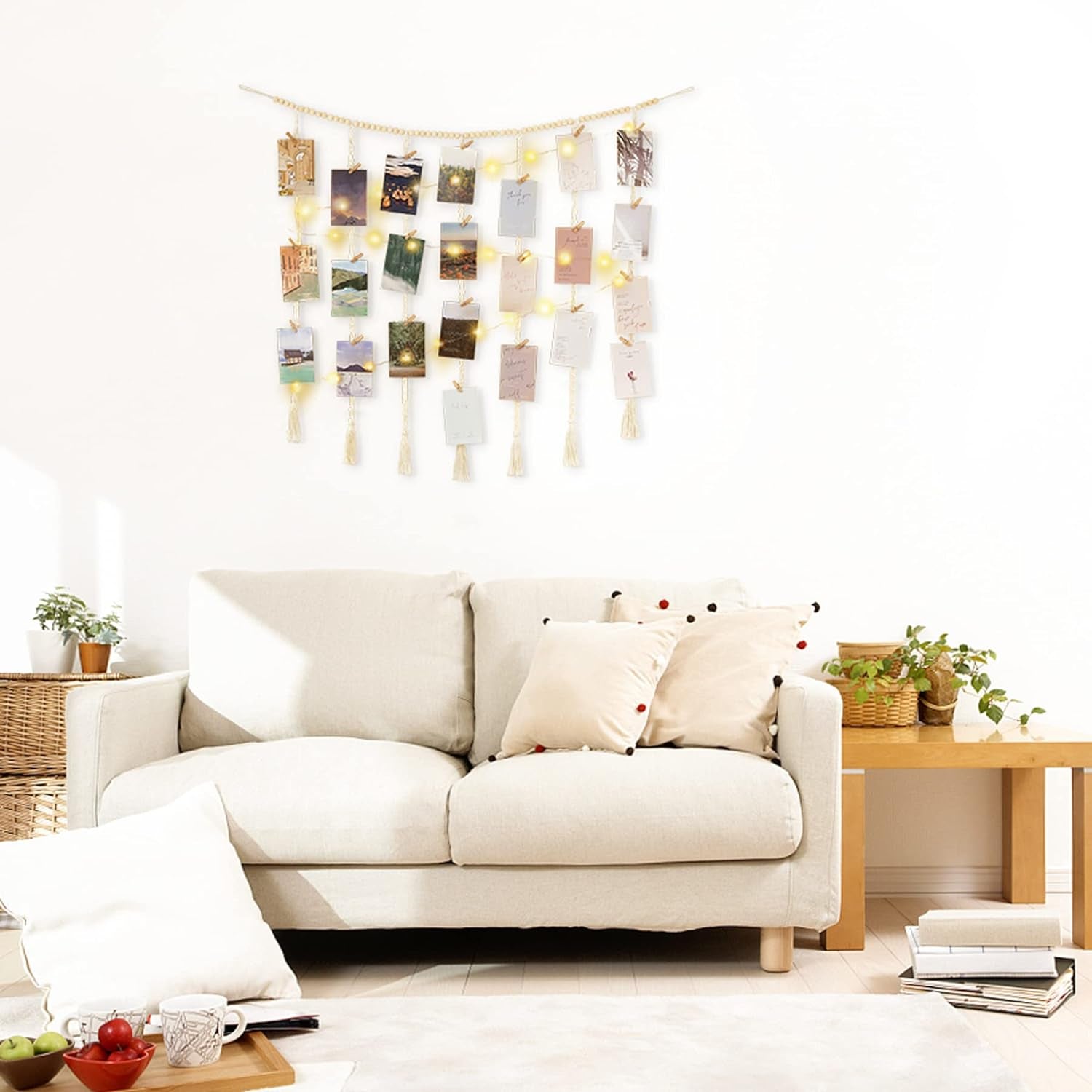 Macrame Hanging Photo Display Wall Decor with String Lights, Boho Wooden Beads Garland Collage Picture Card Frame Holder with 45 Clips for Bedroom Living Room Dorm, Teen Girls Christmas Gifts