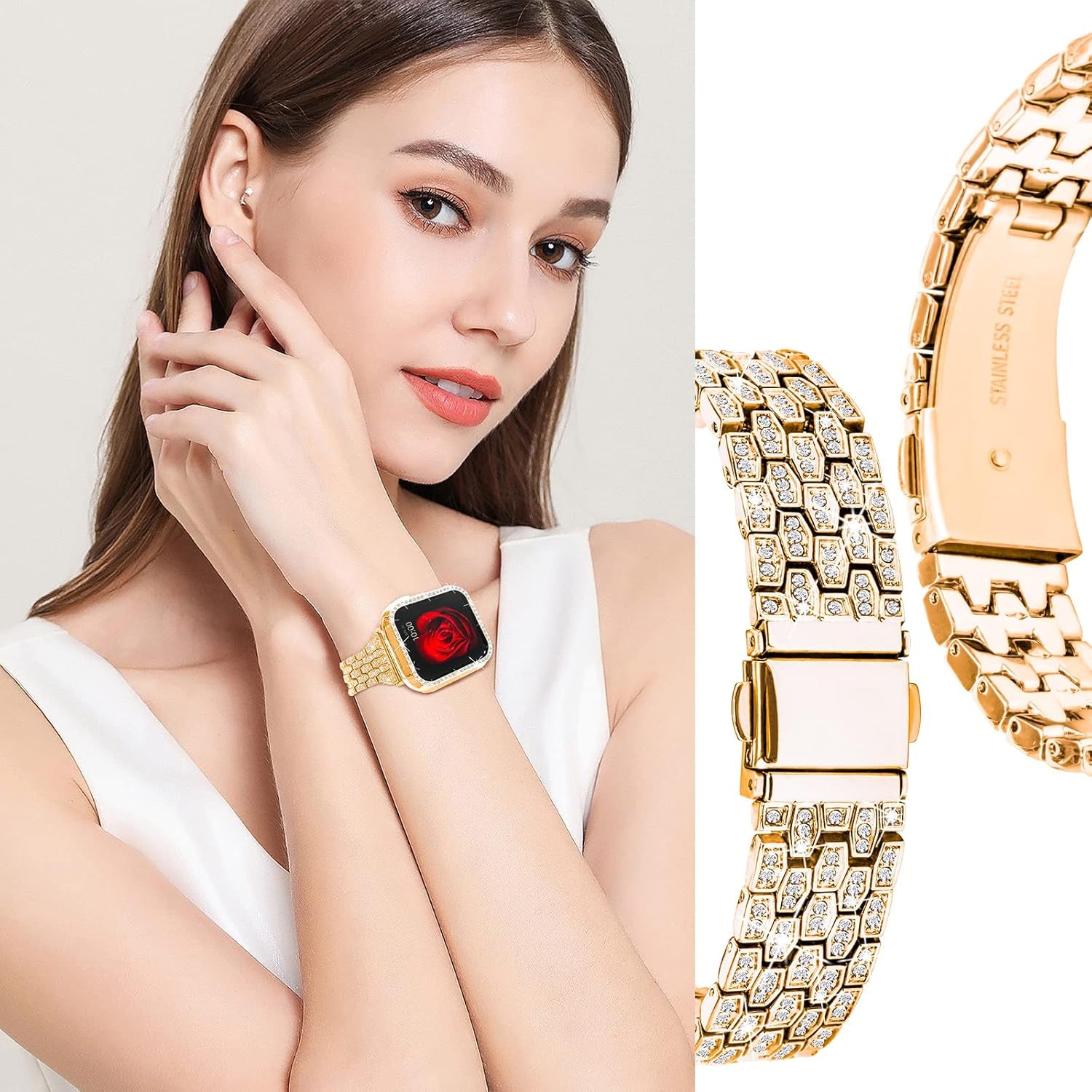 Siver Diamond Band with Case for Apple Watch 38Mm 40Mm 41Mm 42Mm 44Mm 45Mm and Iwatch Series 8 SE2 7 SE 6 5 4 3 2 1, Bling Rhinestone Metal Bracelet Strap Bumper Cover, Womens Dressy Glitter Jewelry