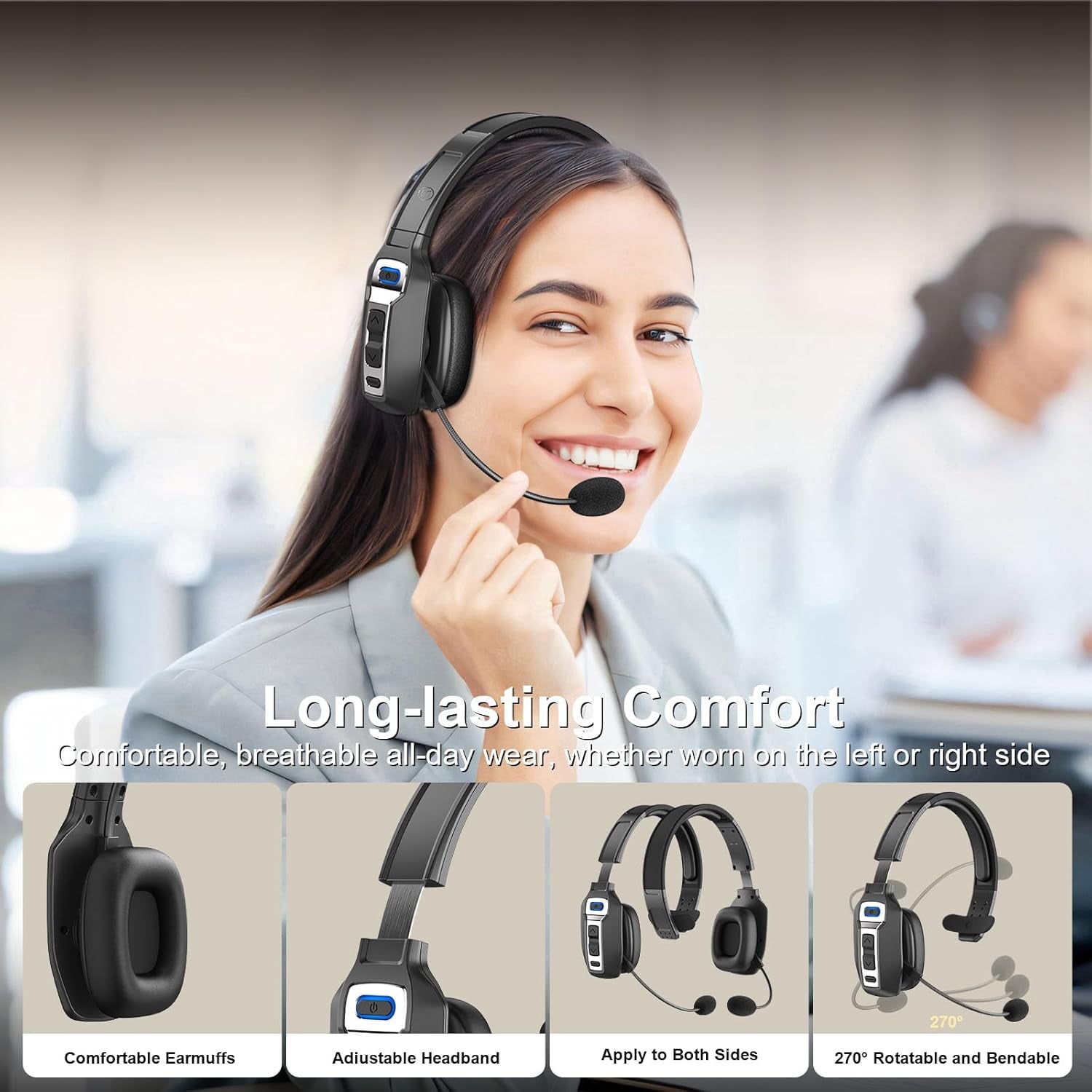 Bluetooth Headset, Trucker Bluetooth Headset with AI Noise Cancellation Microphone & Mute Button, Trucker Headset with 65 Hrs Working Time, Bluetooth 5.2 Multitasking for Truck Drivers/Phone TRUCK DRIVER