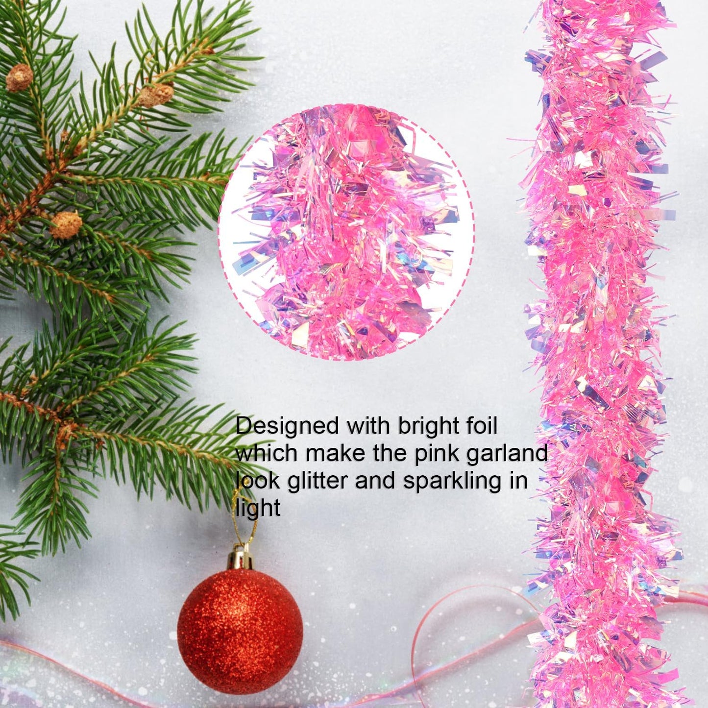 32.8 Ft Pink Christmas Tinsel Garland, Glitter Twist Tinsel for Xmas Tree Party Fireplace Wedding Supplies Decoration