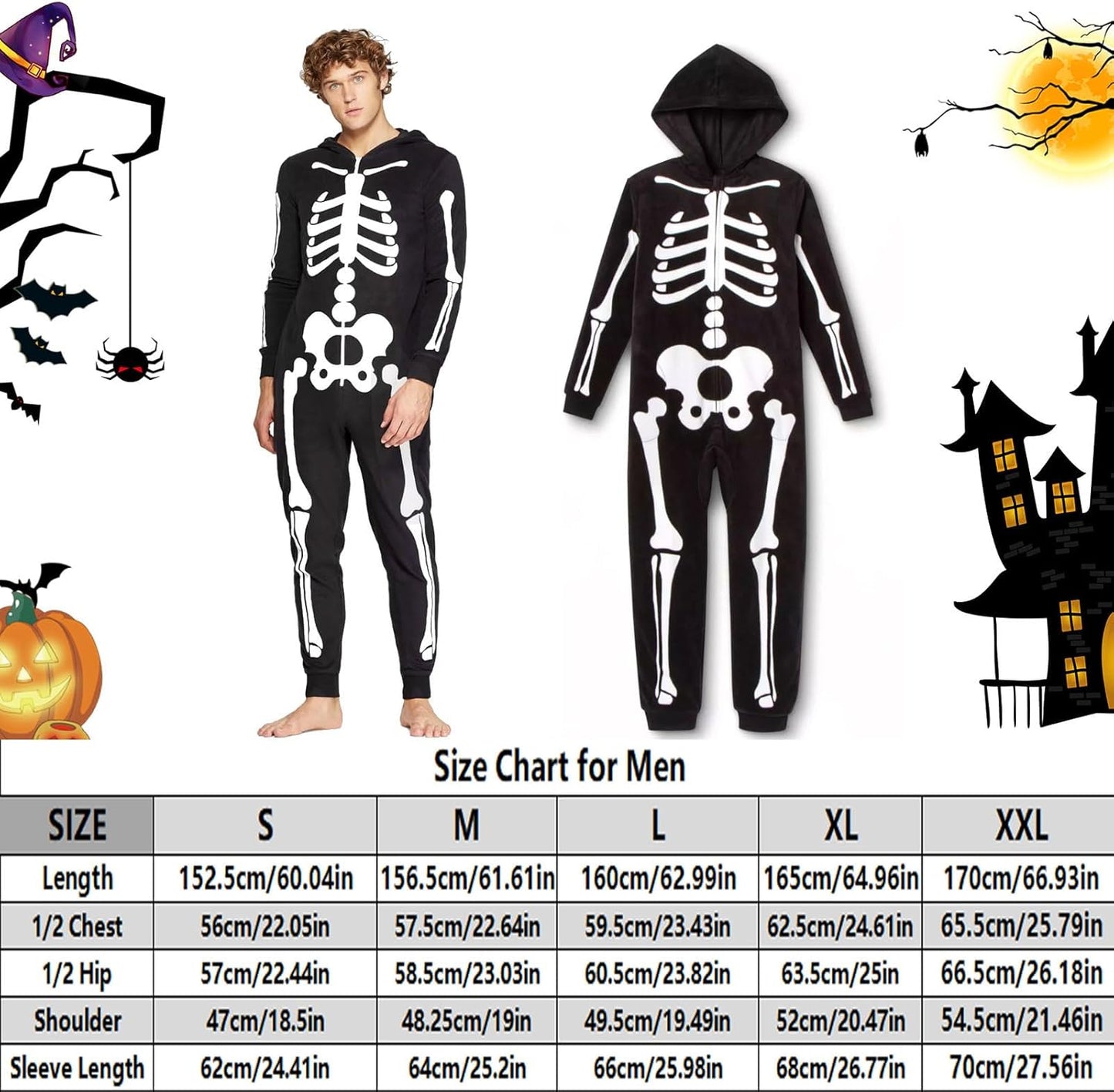 Matching Family Costumes Sets Unisex Halloween Hooded Glow in Dark Skeleton Jumpsuit Men Small