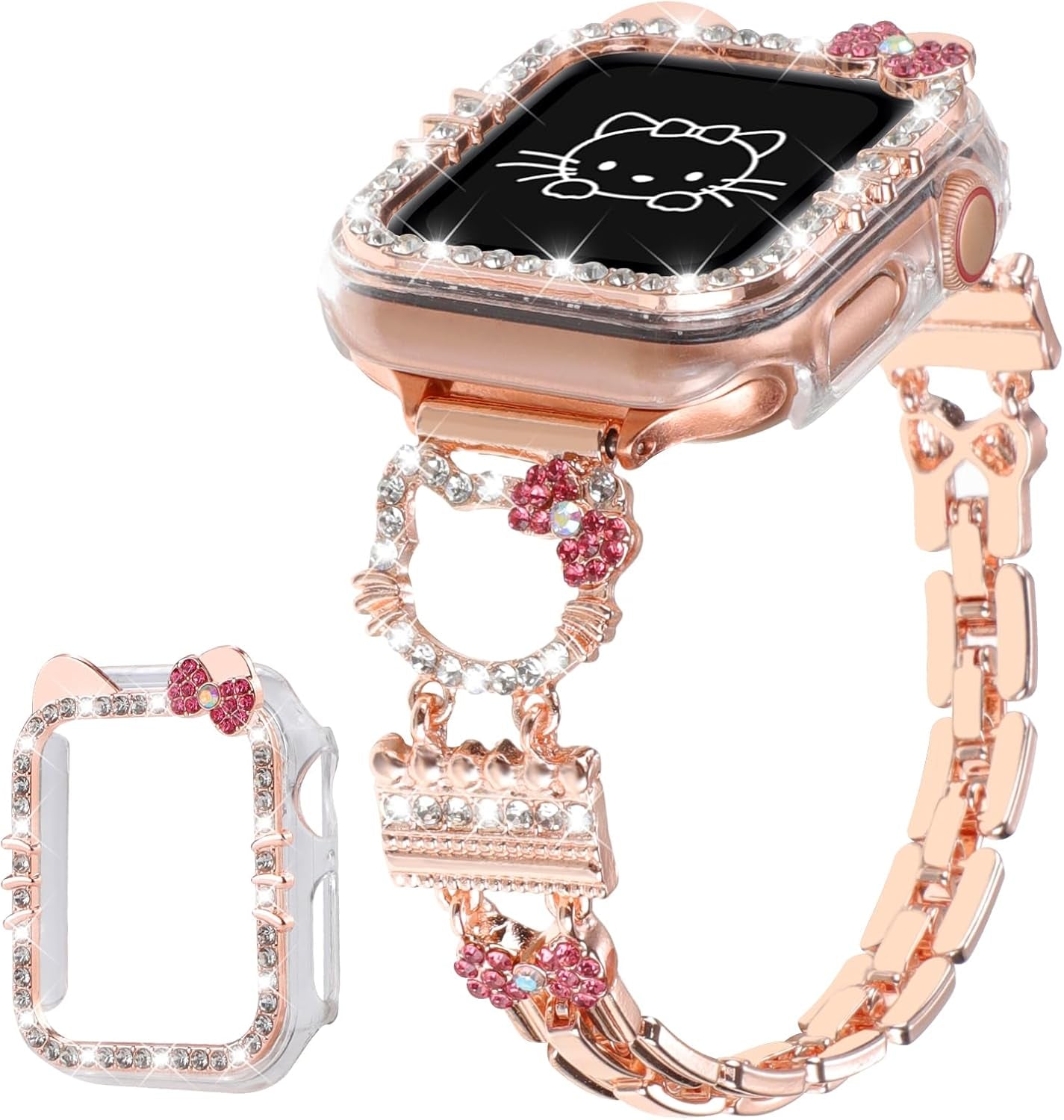 Bling Bracelet Band with Protector Case Compatible with Apple Watch Bands for Women Iwatch Series 10 46 Mm 42Mm,Series 9 8 7 41Mm 45Mm,Series 6 5 4 SE 41Mm 45Mm,Cute Cartoon Dressy Jewelry Metal Strap