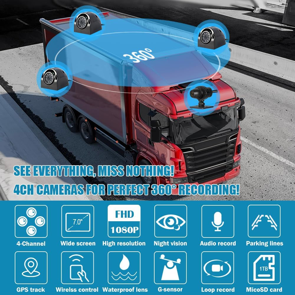 H7 4CH Truck Dash Camera 360 DVR Dash Cam Security Camera System Vehicle Backup Cameras 1080P Front Rear Side View 7.0'' Monitor W/Gps IR Night Vision for RV Semi Truck Trailer Tractor TRUCK DRIVER