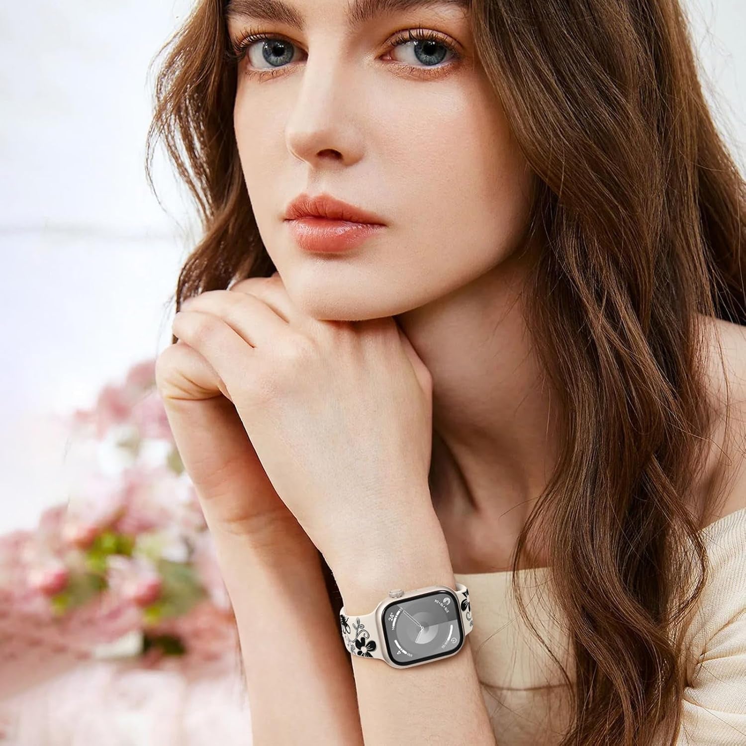 Cute Floral Band Compatible with Apple Watch Bands for Women 42Mm 41Mm 40Mm 38Mm 44Mm 45Mm 46Mm 49Mm, Engraved Flower Soft Silicone Inlay Strap for Iwatch Series 10 9 8 7 6 5 4 3 2 SE Ultra