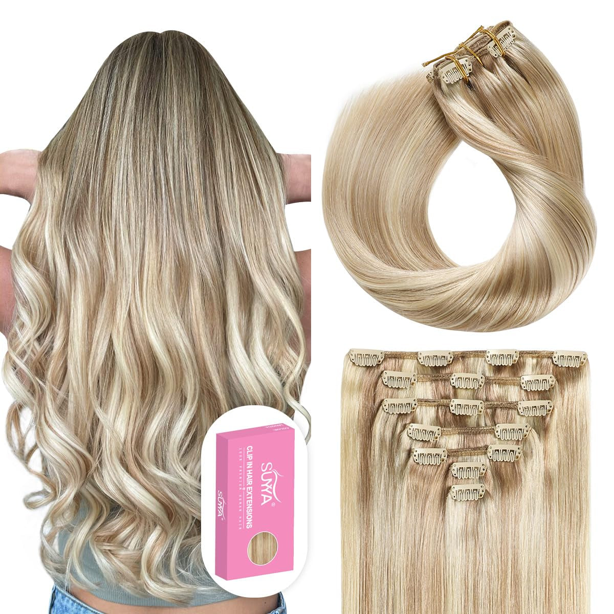 Clip in Hair Extensions Real Human Hair 16 Inch 120G 7Pcs Clip in Remy Human Hair Extensions Silky Straight Double Weft Ash Blonde Highlighted Bleach Blonde (16 Inches #P18/613)
