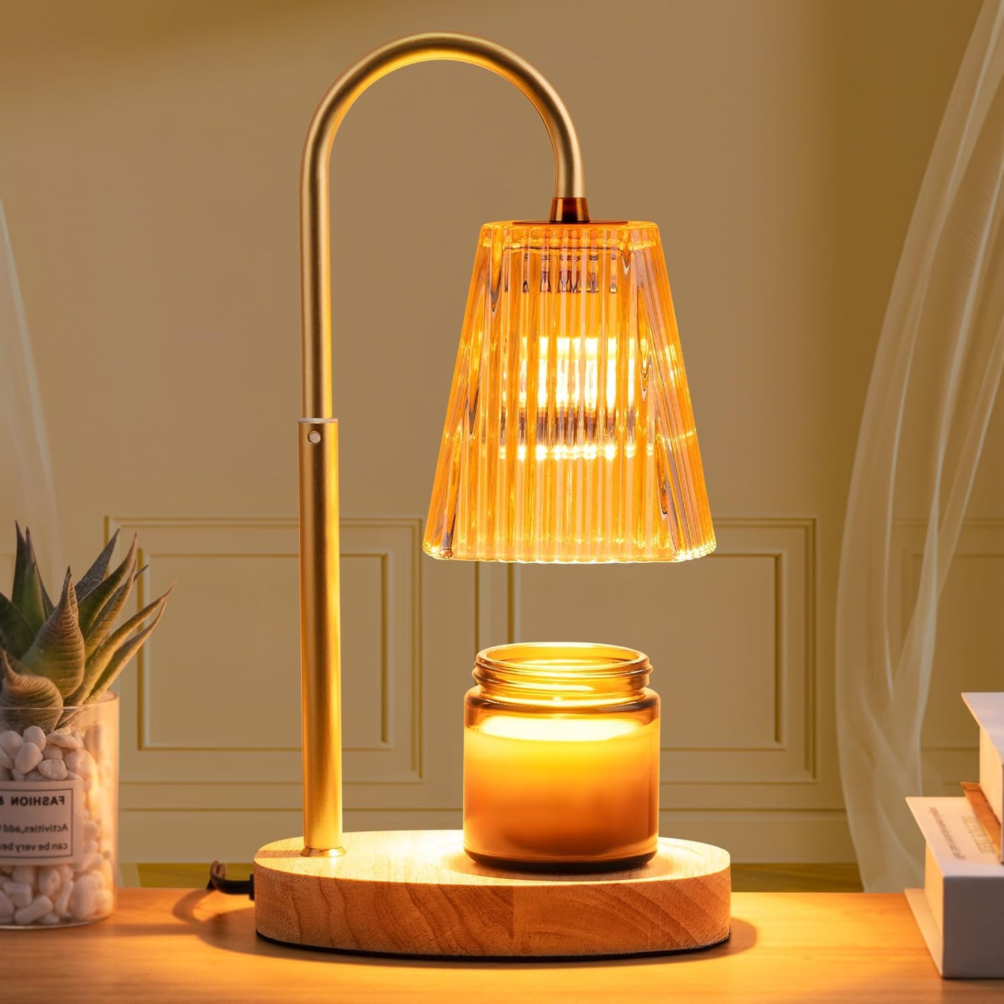 Candle Warmer Lamp - Dimmable Wax Melt Warmer with Amber Lampshade and 2 Bulbs for House Warming, Bedroom Decor