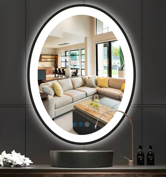 30 X 20 Inch Oval Black Frame LED Vanity Mirror for Bathroom Wall Black Oval Lighted Vanity Mirror anti Fog LED Bathroom Mirror with Lights 3 Color Dimmable LED Vanity Makeup Smart Mirrors