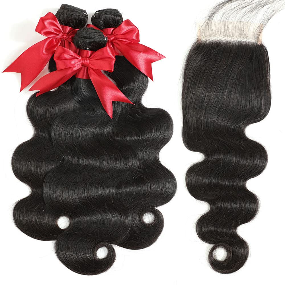 10A Body Wave Bundles with Closure 16 18 20+14 Inch Human Hair Bundles with Closure 100% Brazilian Virgin Body Wave 3 Bundles and Closure Human Hair Weave Bundles with Closure 4X4 HD Lace Free Part