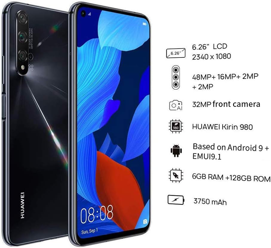 Nova 5T (128GB, 6GB) 6.26" LCD, Kirin 980, 48MP Quad Camera, 22.5W Fast Charge, Dual SIM GSM Unlocked Global 4G LTE International EU Plug with US Adapter (Black)