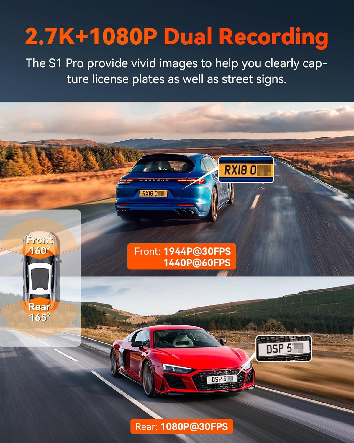 S1 Pro 2.7K Front and Rear 5G Wifi Dual Dash Cam, STARVIS 2 HDR Night Vision, Optional Remote Preview, 1440P 60FPS Hidden Dash Camera, GPS, Voice Control, 24/7 Parking Mode, Support 512GB Max