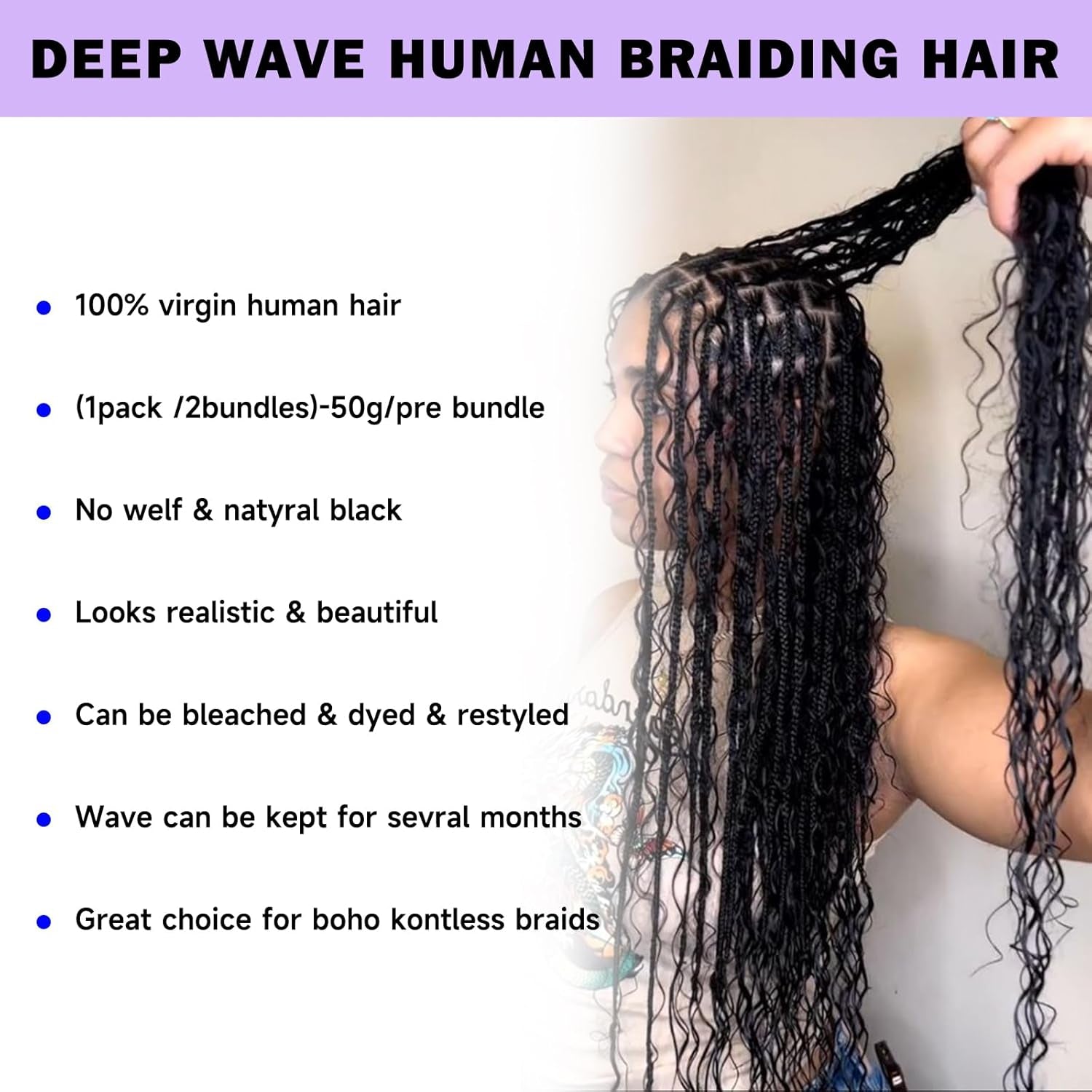 Langer Human Braiding Hair 20 Inch Deep Wave Bulk Human Hair for Braiding No Weft Bundle 100G 2 Bundles/Pack 16A Brazilian Virgin Water Curly Human Hair Extensions for Braids Human Hair Braiding Hair