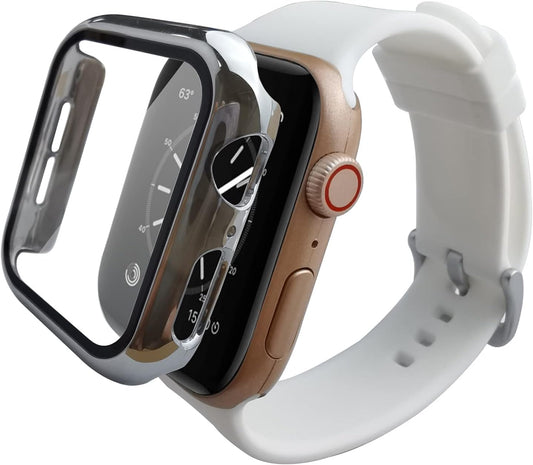For Apple Watch Case with Screen Protector,Pc Hard Bumper Cover Built-In Tempered Glass Screen Protector 360 Full Body Protective Cover for Iwatch SE Series 6 5 4 (Silver/White,40Mm)