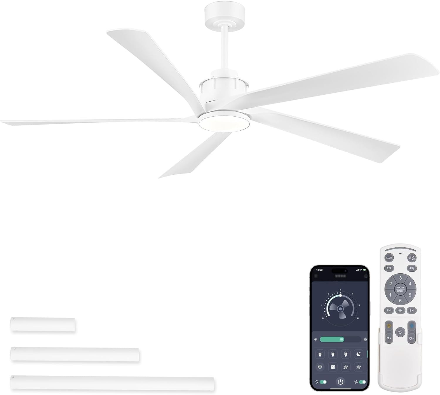 64 Inch Ceiling Fans with Lights and Remote,Smart Ceiling Fan with APP Control,Reversible DC Motor,Dimmable,5 ABS Blades,White Indoor/Outdoor Modern Low Profile Ceiling Fan with Light