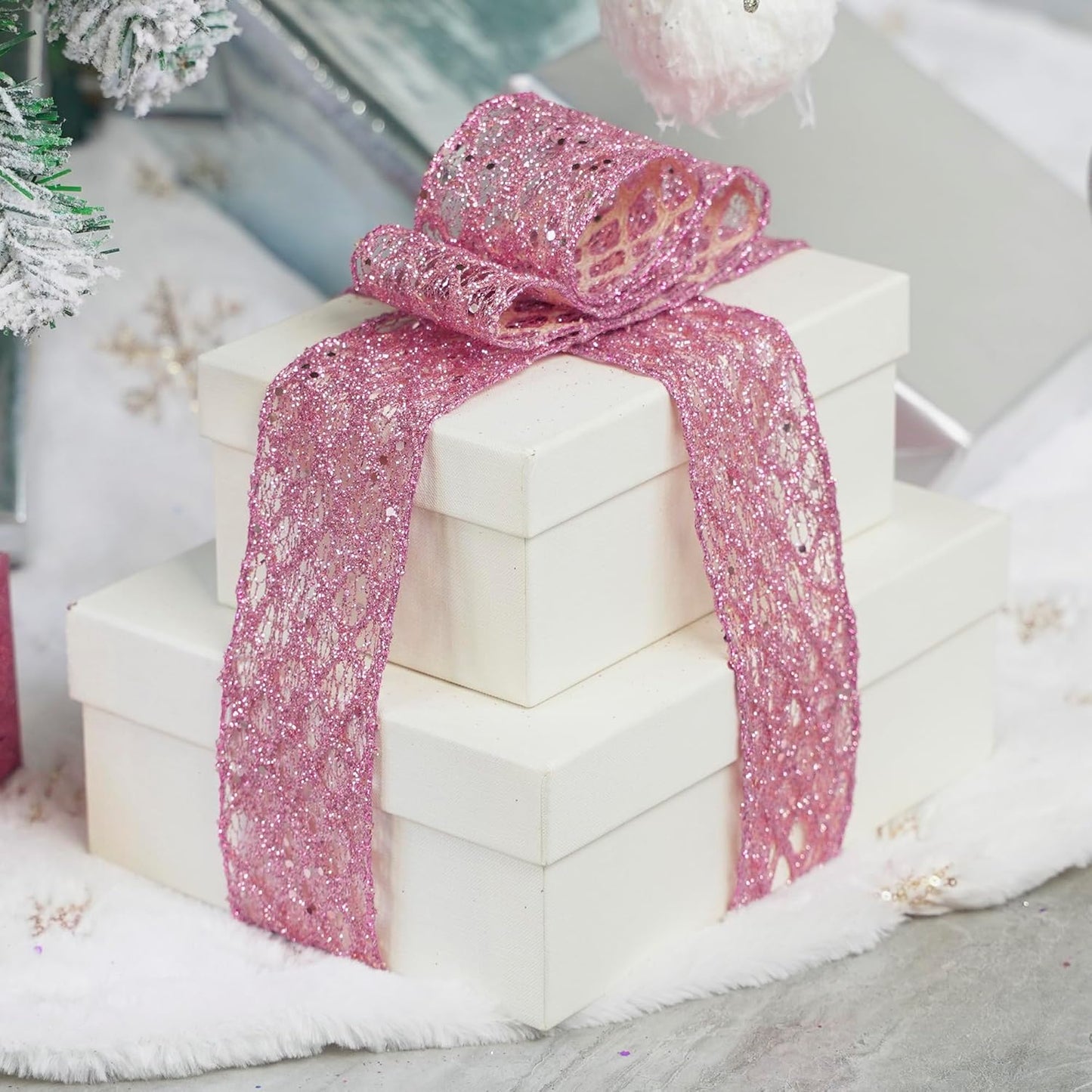 Pink Wired Ribbon 2.5 Inch Light Pink Christmas Ribbon Glitter Diamond Wire Ribbon for Christmas Tree, Large Bows Making, Wreaths, Garland, Gift Wrapping, Home Decor -10 Yards