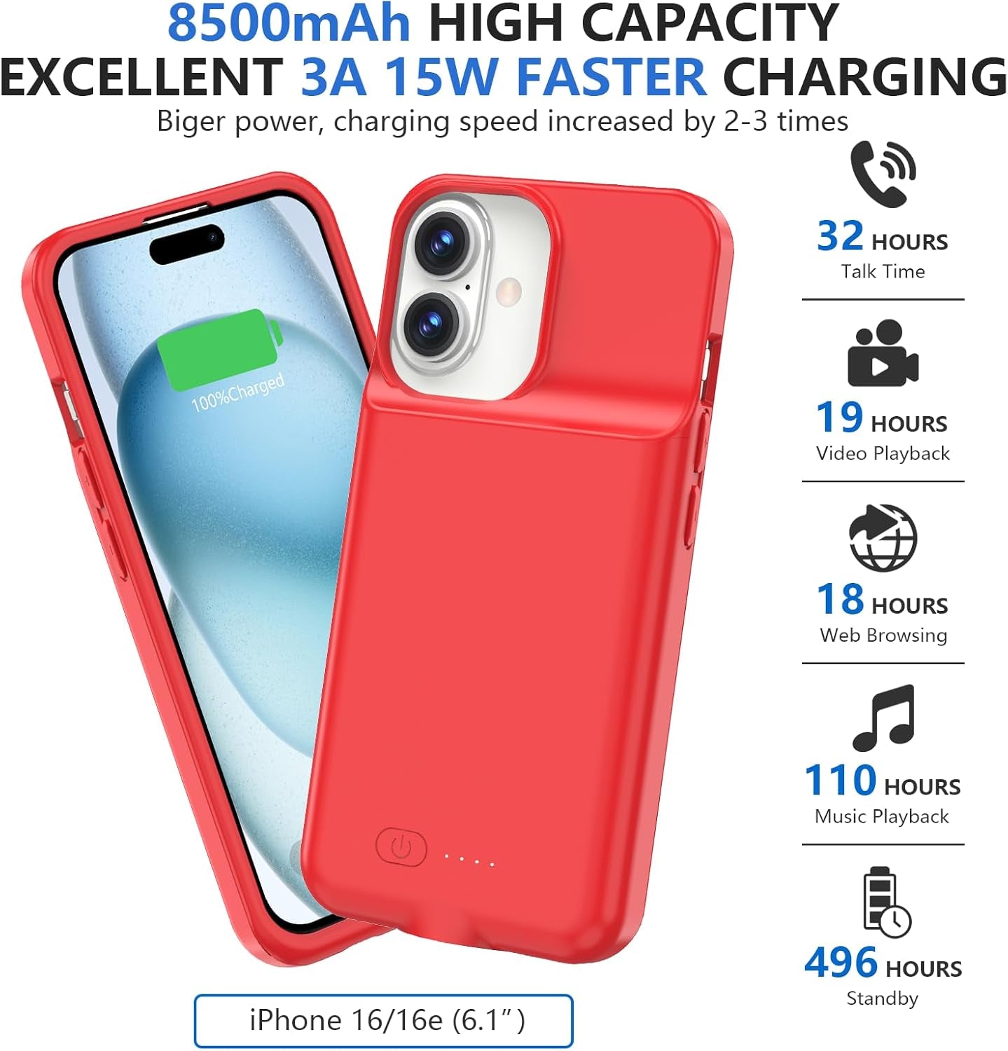 Battery Case for Iphone 16/16E, 15W Fast 8500Mah Charging Portable Rechargeable Charger Case Cover for Iphone 16/16E Charging Case-6.1Inch,Red