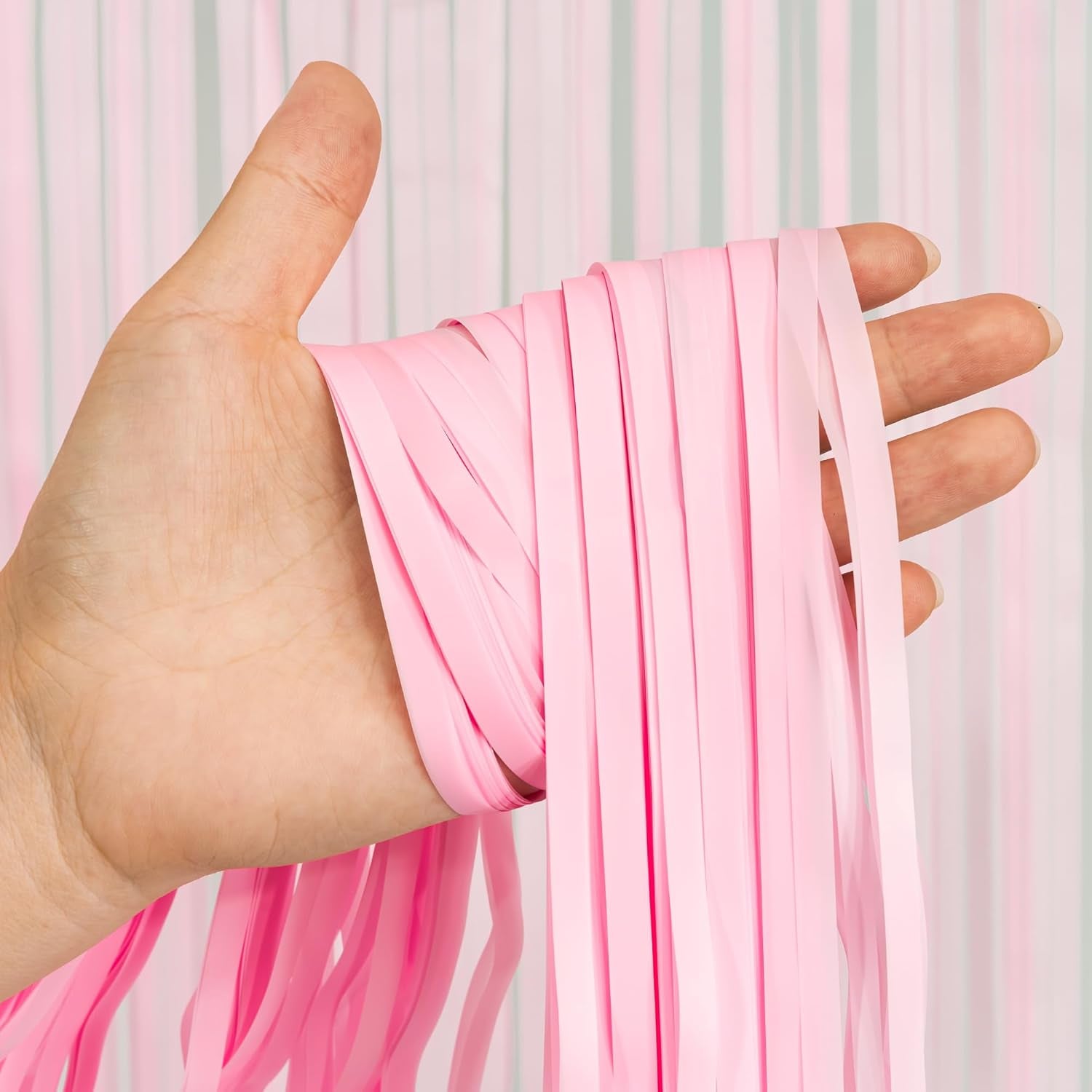 Pastel Pink Party Backdrop Decoration -  Baby Pink Foil Fringe Streamers for Baby/Boo Day/Valentines/Cowgirl/Sweet/Cloud/Unicorn/Princess/Bow Themed - 3.2Ft X 8.2Ft - 2 Packs