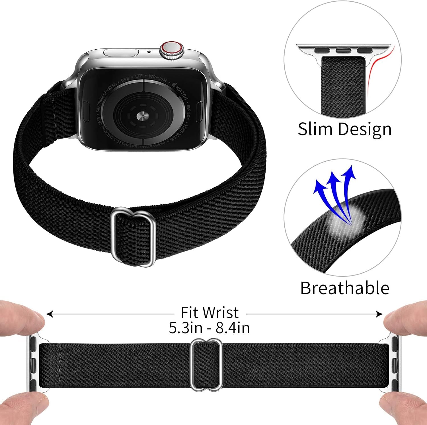 Slim Stretchy Bands Compatible with Apple Watch Band 41Mm 40Mm 38Mm, Women Elastics Nylon Thin Band Strap for Iwatch SE2 SE Series 9 8 7 6 5 4 3 2 1 (Black/Silver, 41Mm 40Mm 38Mm)
