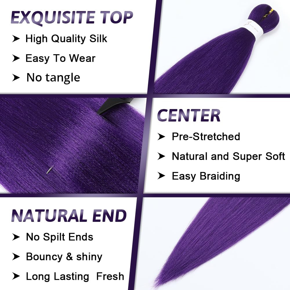 32 Inch Purple Braiding Hair Extensions Pre Stretched Braiding Hair Yaki Braids Hair Hot Water Setting Synthetic Hair Colored Braiding Hair Pre Stretched Crochet Hair(32Inch,3 Packs,Purple#)
