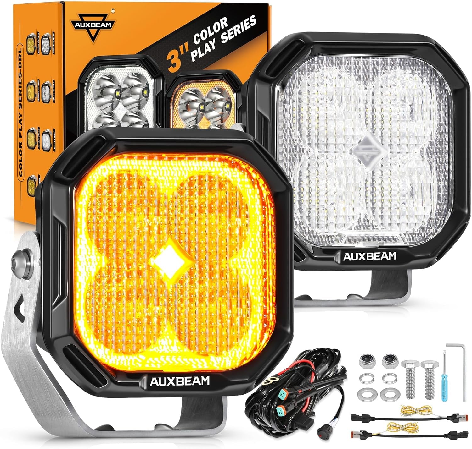 Color Play Series 3 Inch LED Pod Lights, 100W 11600LM Amber White LED Cube Spot Light Offroad Driving Ditch Lights with DRL & Turn Signal, Fog Lights for Trucks Jeep Ford UTV ATV, Pair