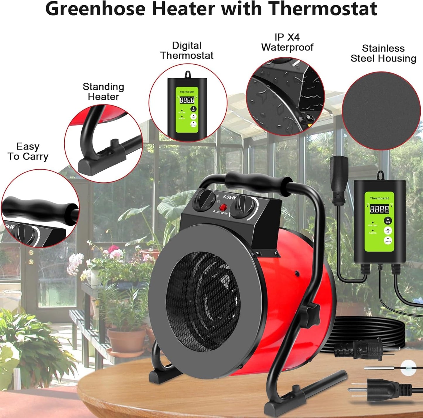 Greenhouse Heater, 1500W Portable Electric Space Heater with Digital Thermostat, 90° Adjustable Angle, Overheat Protection and Fast Heating, Outdoor Heaters for Patio, Garage, Grow Tents (Red)