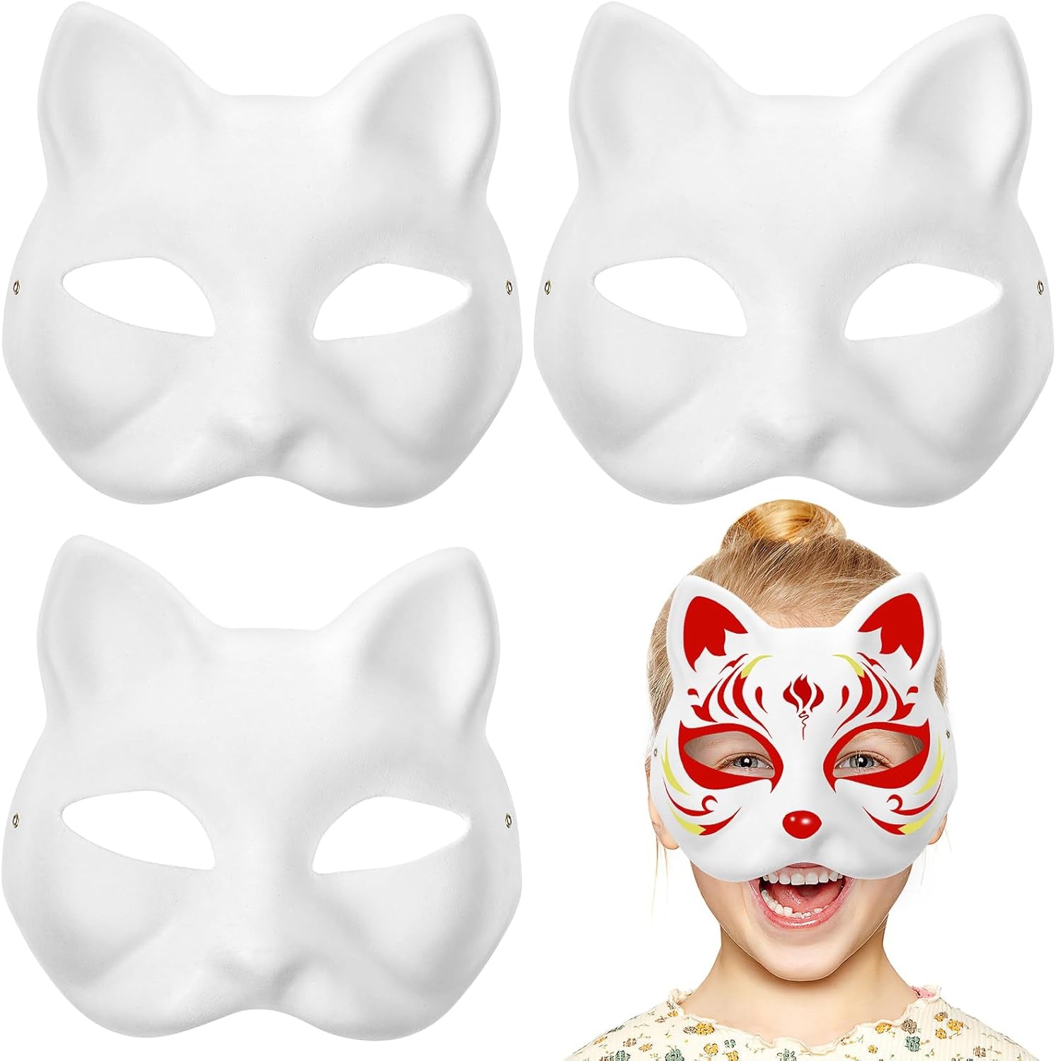 Cat Masks Therian Mask Animal Mask Halloween Mask White Cat Mask Hand Painted Face Mask Cosplay Costume with Elastic Band 3 Pack