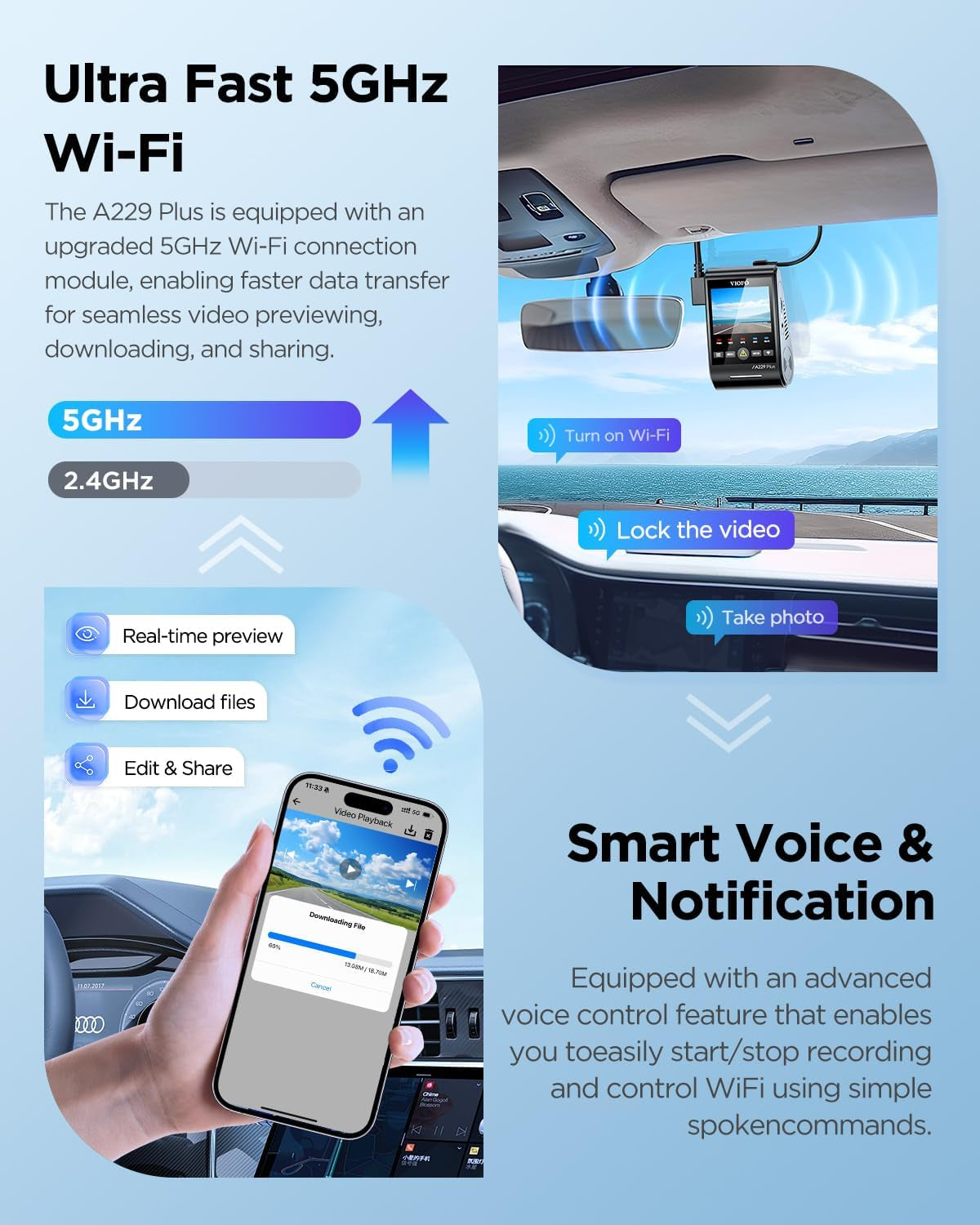 A129 plus Duo Upgraded Model, Dash Cam Front and Rear, Dual STARVIS 2 Sensors, 2 Channel HDR, 1440P+1440P Voice Control Car Dash Camera, 5Ghz Wi-Fi, Support 512GB Max (A229 plus 2CH)