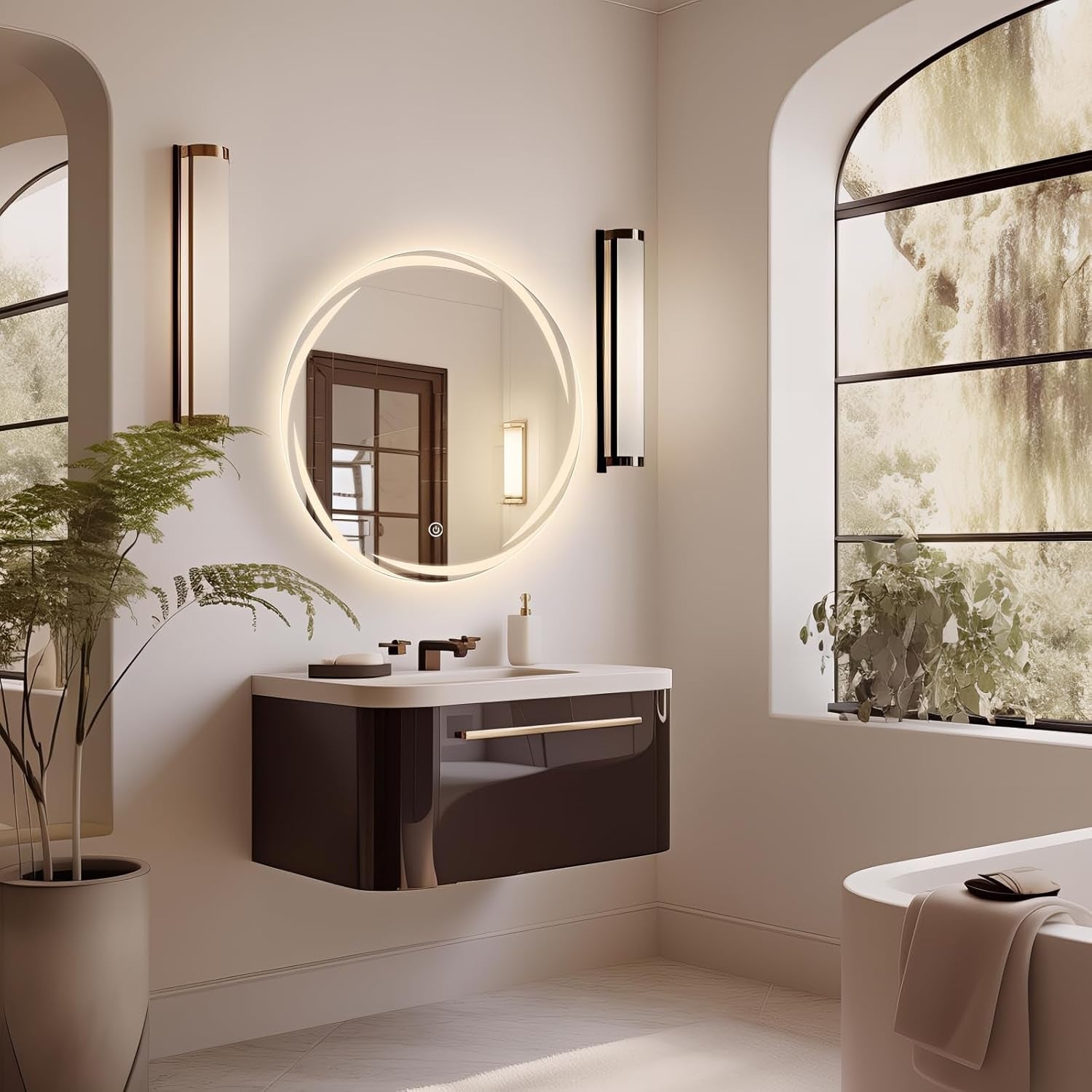24" round LED Mirror for Bathroom with Front Light and Backlit, Stepless Dimmable Vanity Mirror with Lights, Frameless anti Fog Smart Mirror Wall Mounted, IP65 Waterproof, Shatter-Proof
