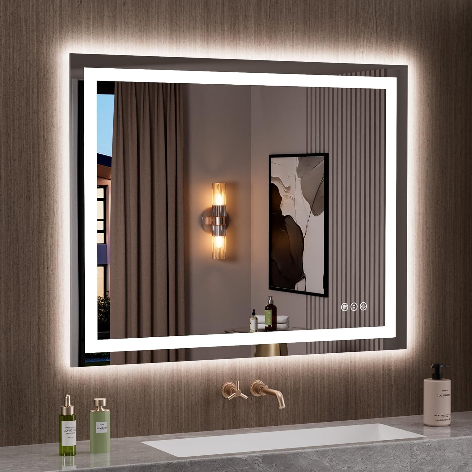 60”X30“ RGB LED Bathroom Mirror with Lights for Bathroom, Anti-Fog, Dimmable，Multiple Light Modes, RGB Backlit + Front Light, Memory Function, Tempered Glass