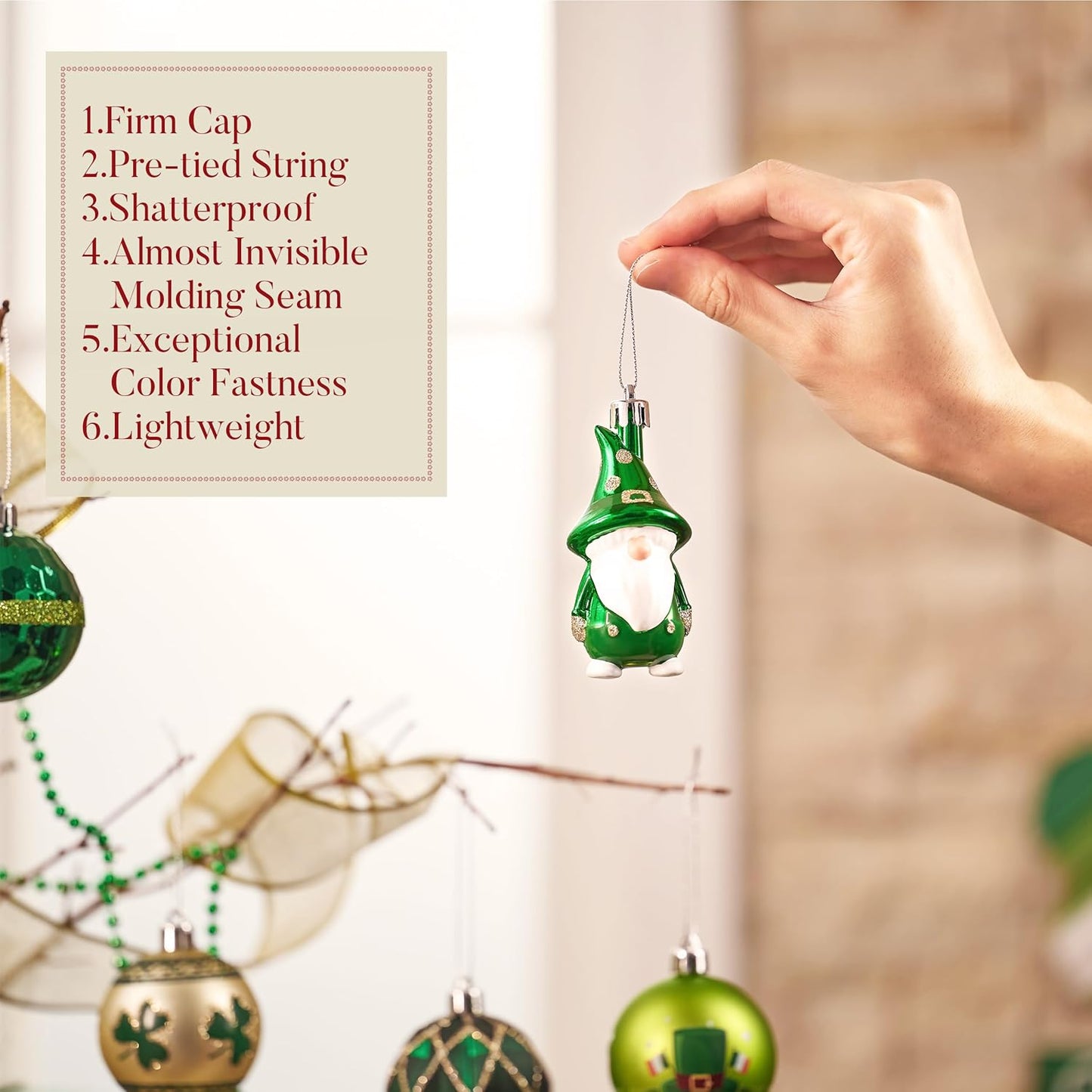 St Patricks Day Decorations Shamrock Tree Ornament,30Pcs Hanging Ball Ornament Gnome Decor for Irish Festival, Good Luck Clover Emerald Green Gold Christmas Ball for Party Home Spring