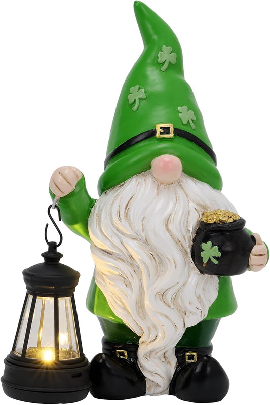 St Patricks Day Decorations for Outdoor Decor, Resin Garden Gnome Holding Lantern with Solar Lights for Porch,Shamrock Leprechaun Figurine for Outside, Irish Gifts for Home, 8"