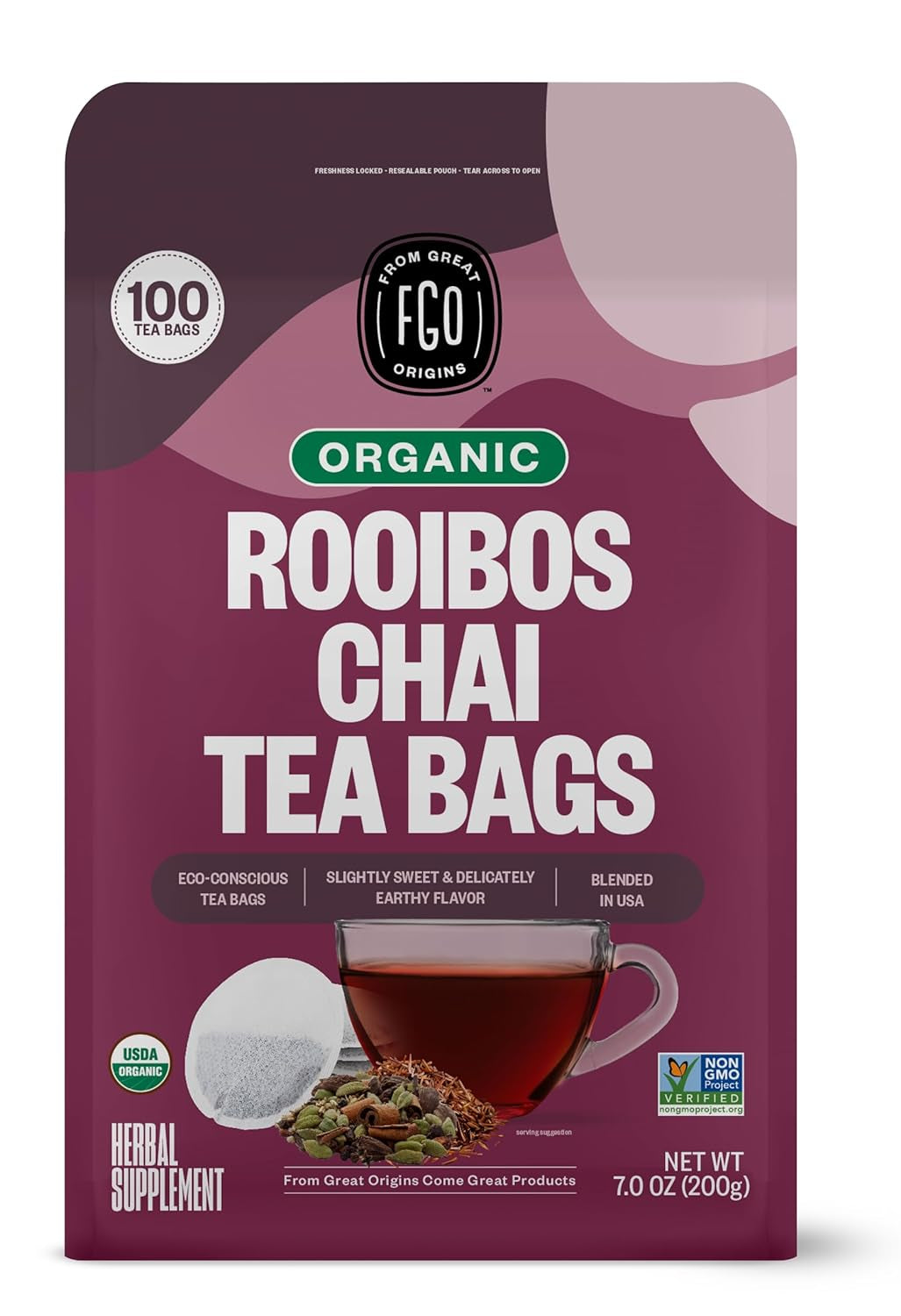 Organic Tulsi Holy Basil Tea, 100 Count, Eco-Conscious Herbal Tea Bags, Resealable Bag, Caffeine Free, Packaging May Vary (Pack of 1) TLBH