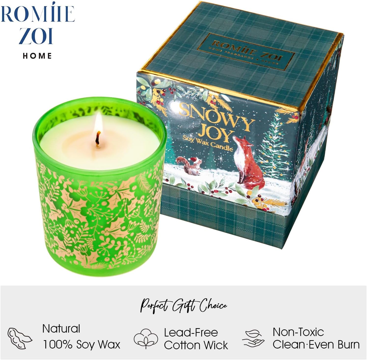 Christmas Scented Candle - 6Oz Soy Wax Candle, Snowy Joy, Infused with Fresh-Cut Spruce Branches Aroma - Green and Gold Gift Box for Holiday Season Gift